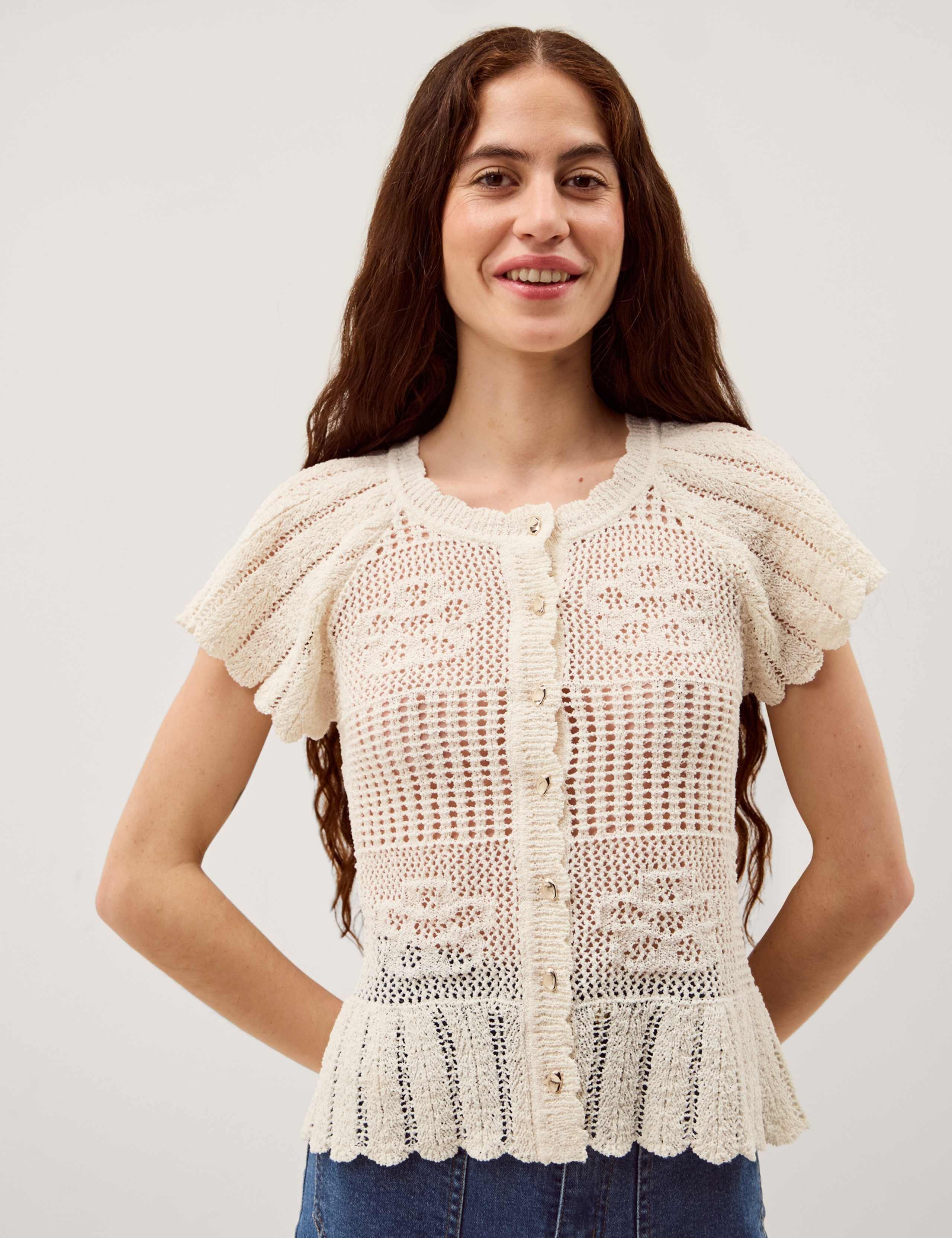 Textured Flower Scalloped Crew Neck Cardigan