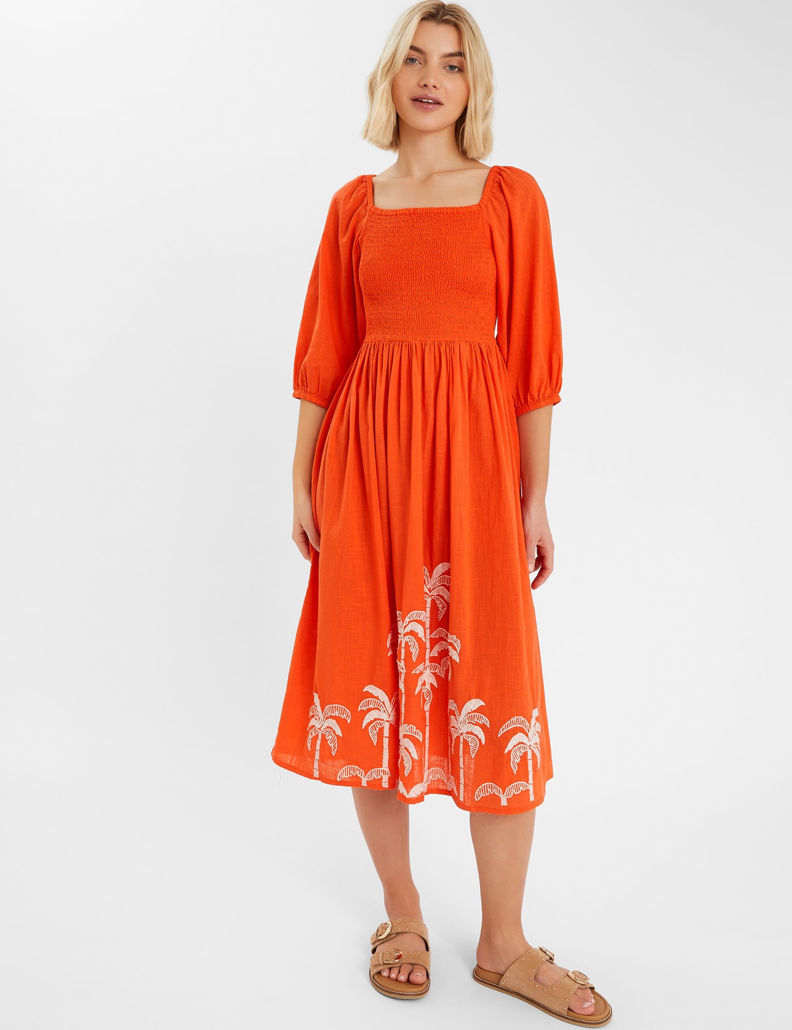 Cotton Rich Embroidered Beach Dress with Linen