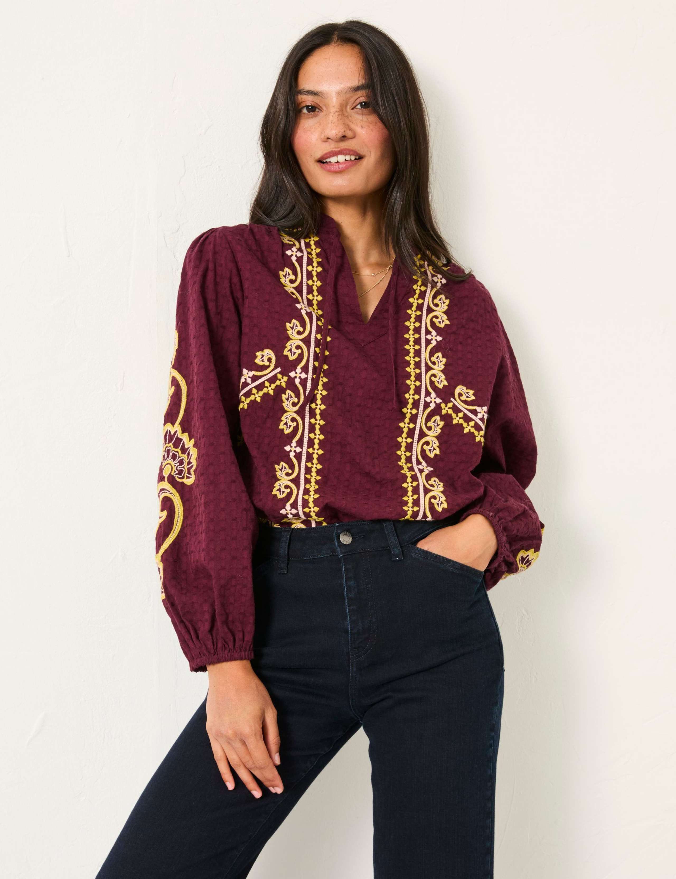Pure Cotton Embroidered V-Neck Blouse