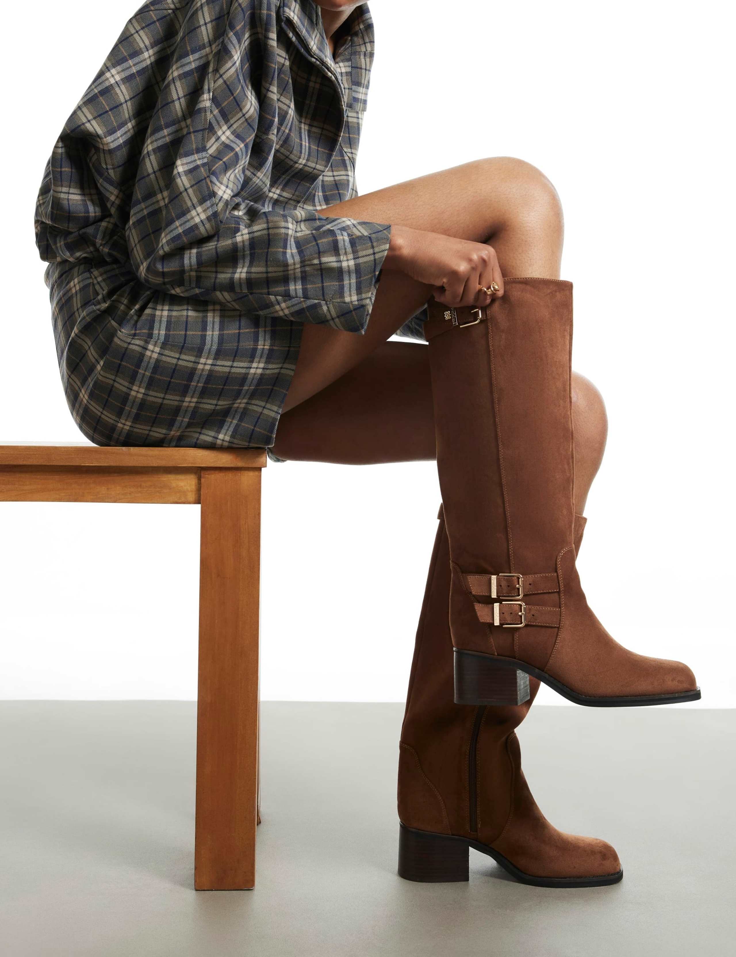 Buckle Block Heel Knee High Boots
