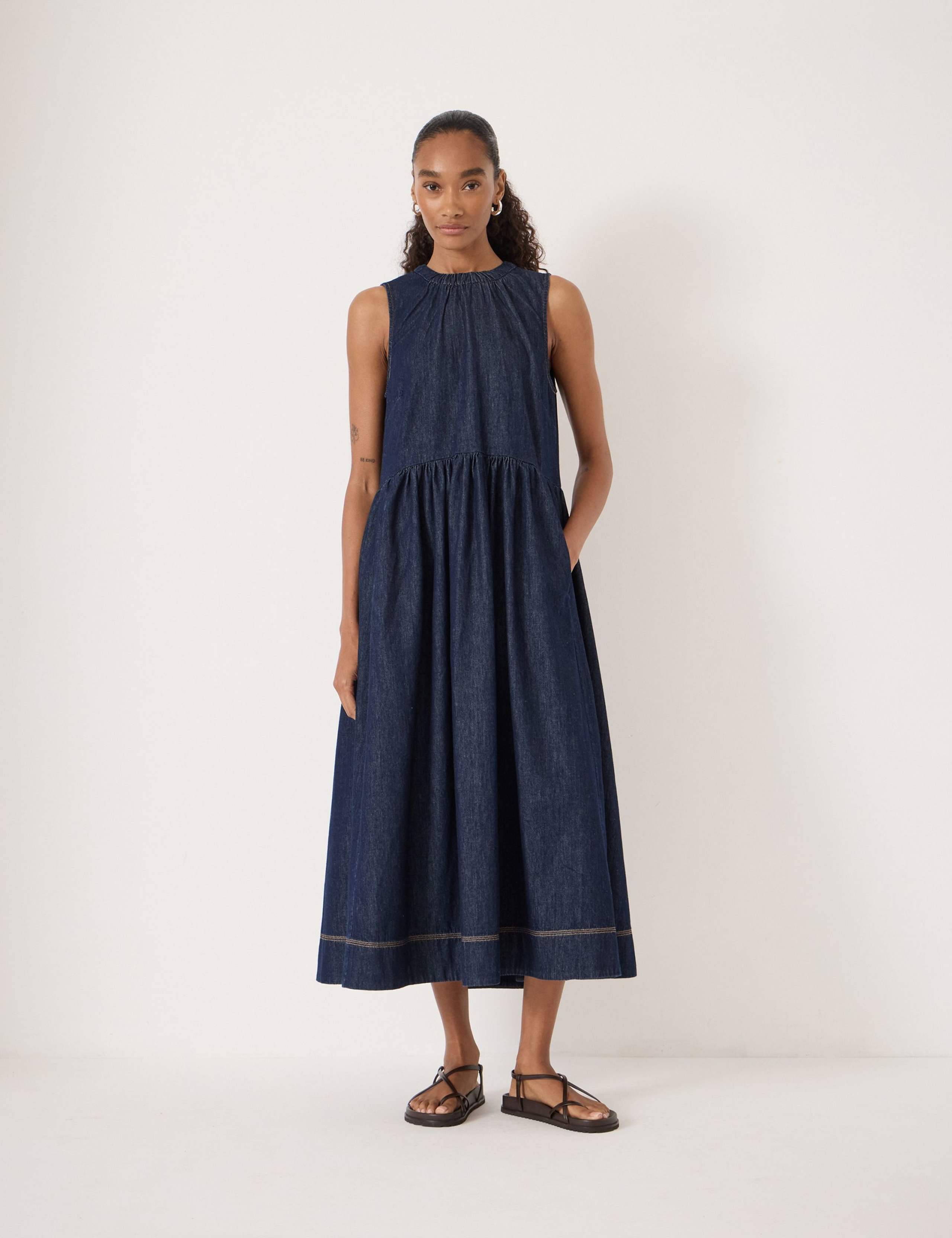 Denim Crew Neck Midaxi Waisted Dress