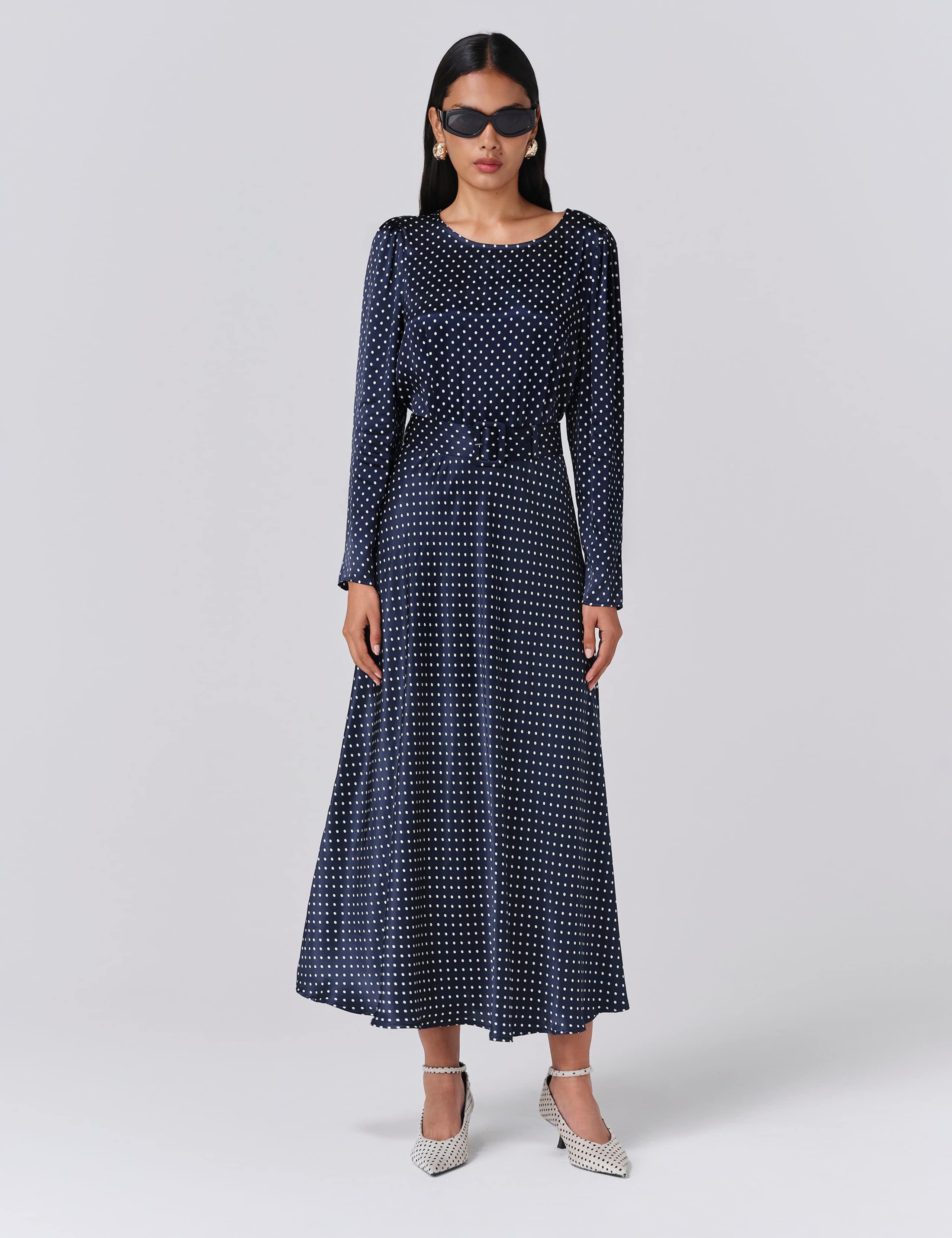 Satin Polka Dot Belted Midi Waisted Dress
