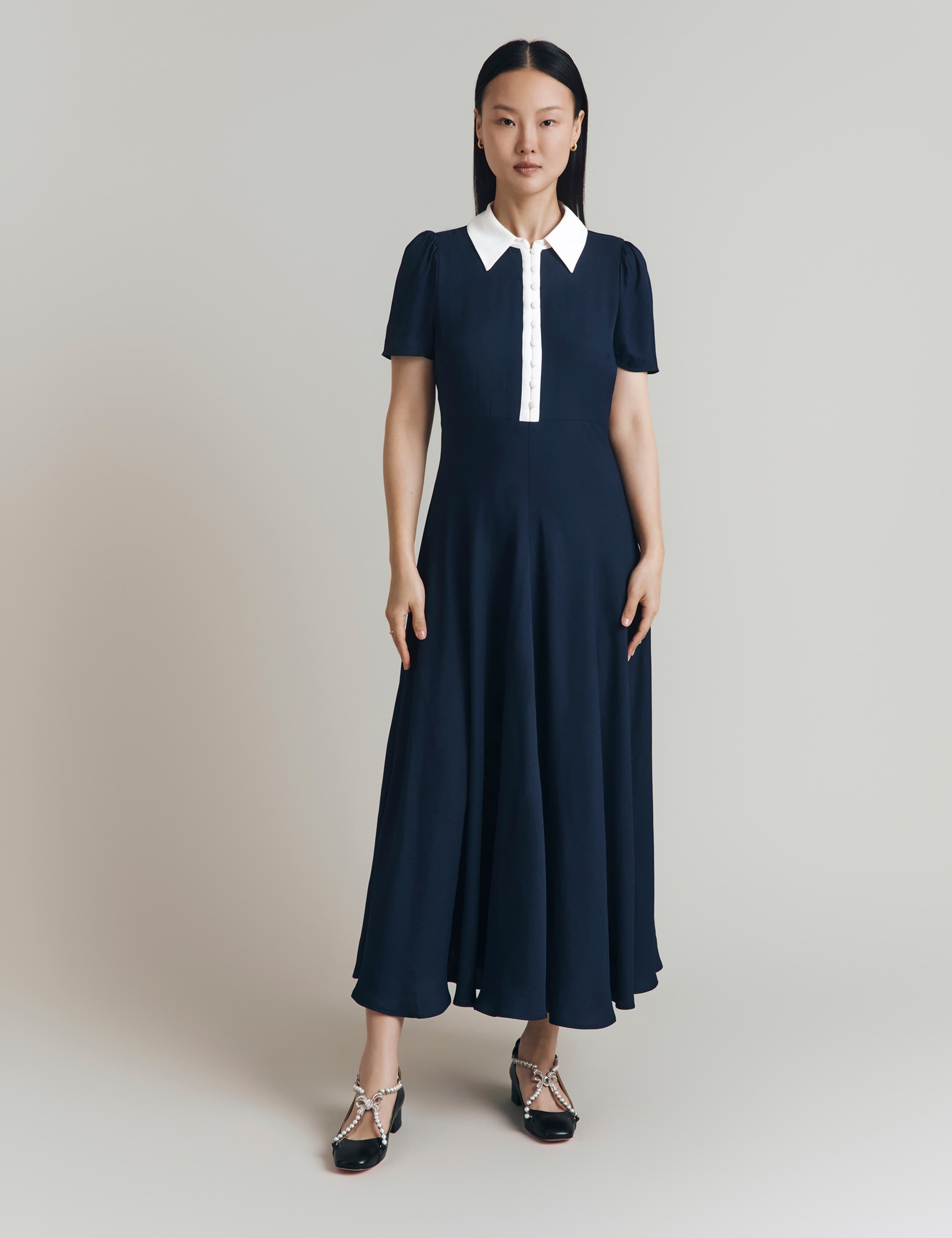 Satin Contrast Collar Midi Shirt Dress