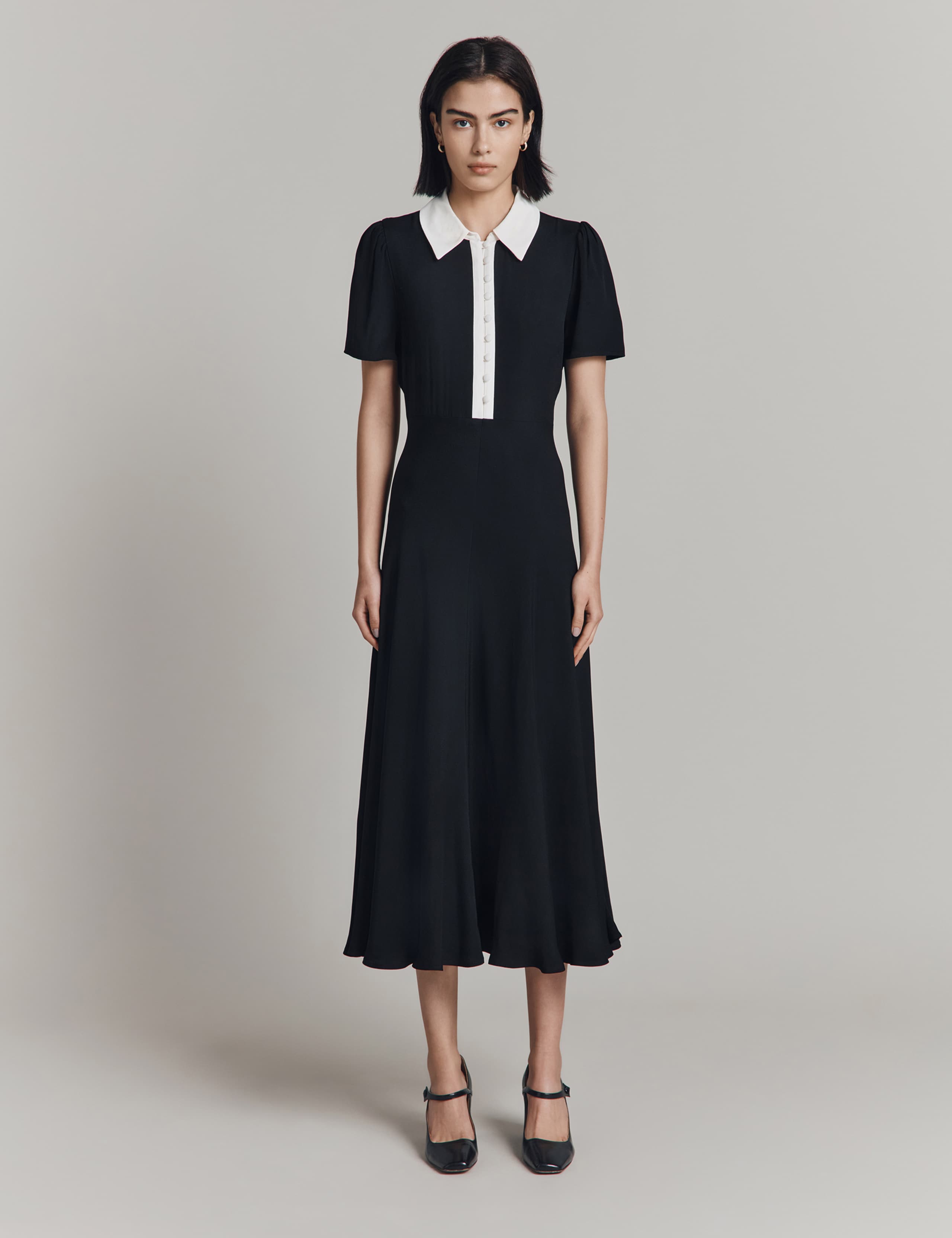 Satin Contrast Collar Midi Shirt Dress