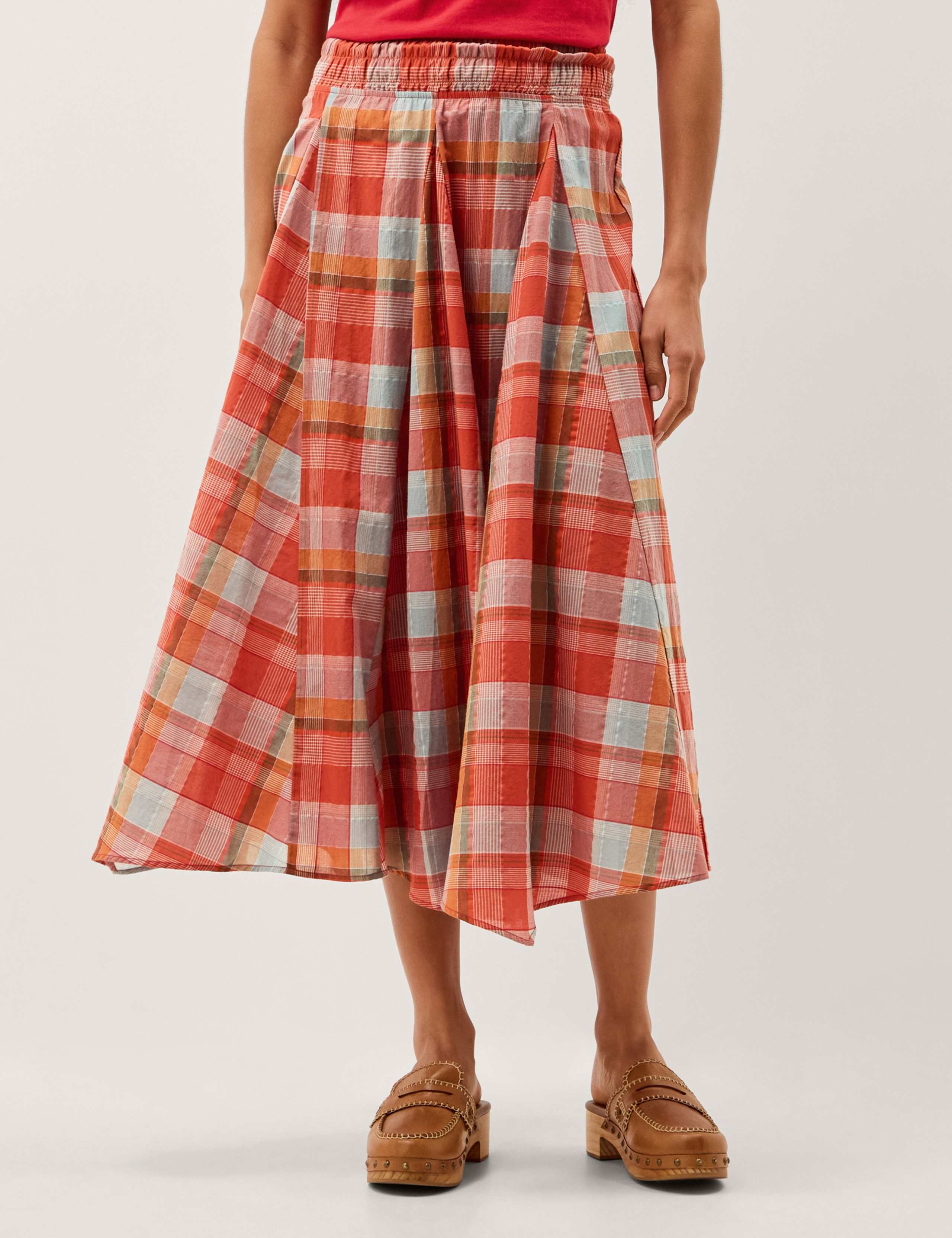 Cotton Rich Checked Midi A-Line Skirt