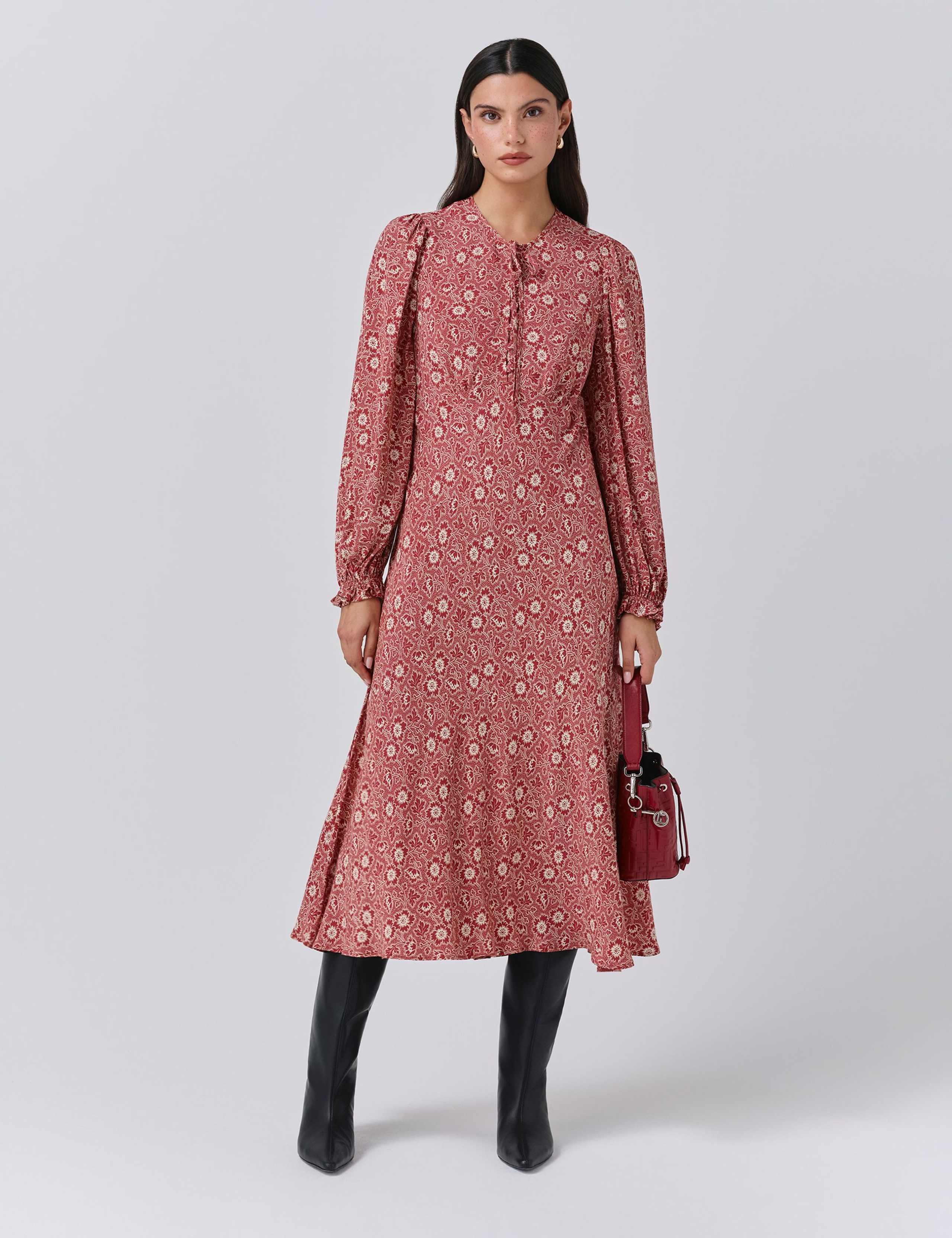 Crepe Floral Tie Front Midi Tea Dress