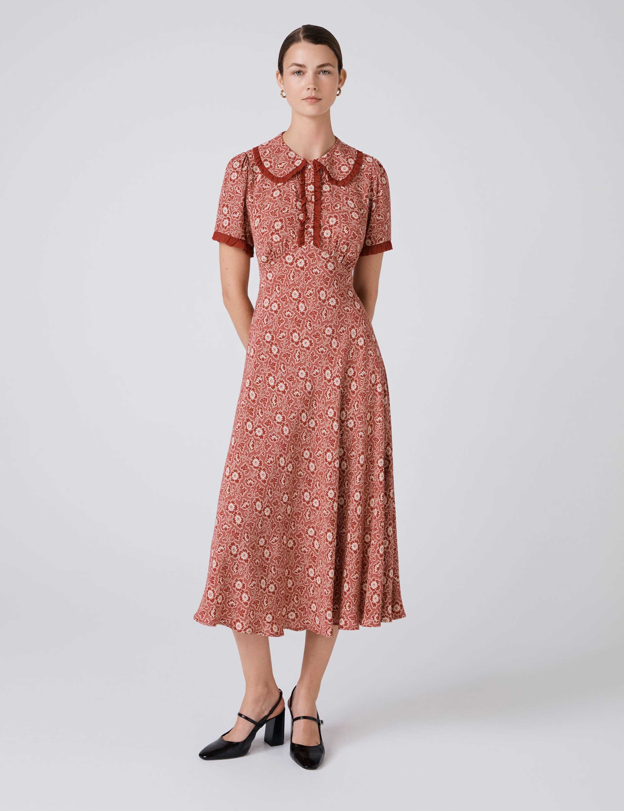 Crepe Floral Midi Tea Dress