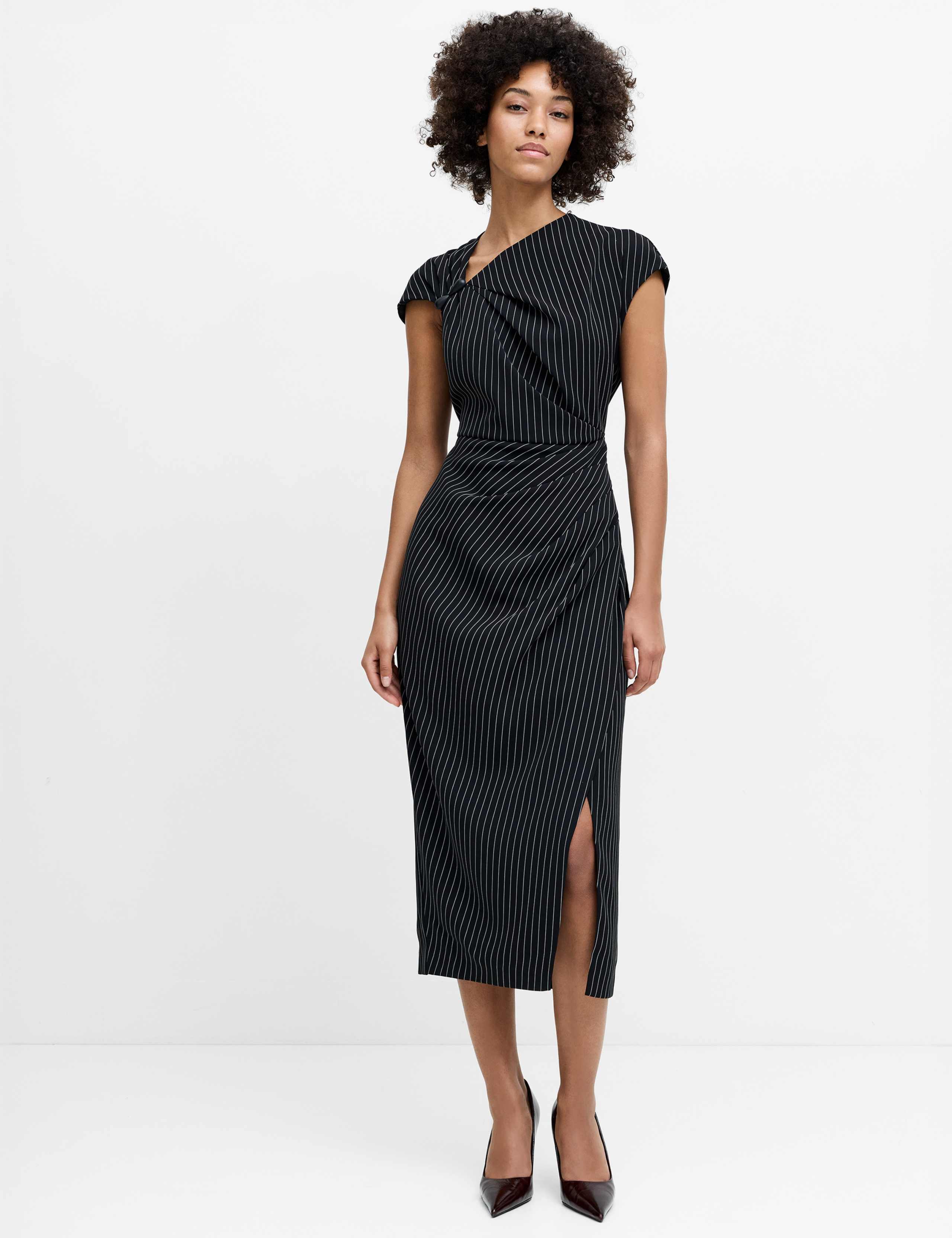 Pinstripe Cowl Neck Midi Tailored Dress
