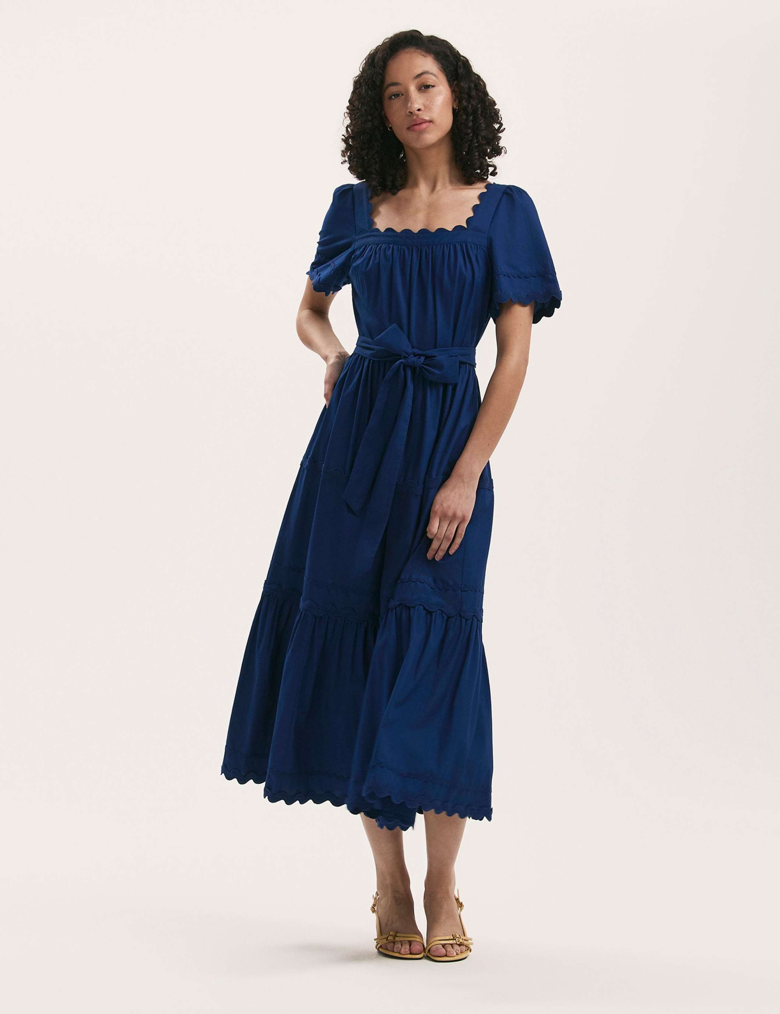 Pure Cotton Square Neck Midi Tiered Dress