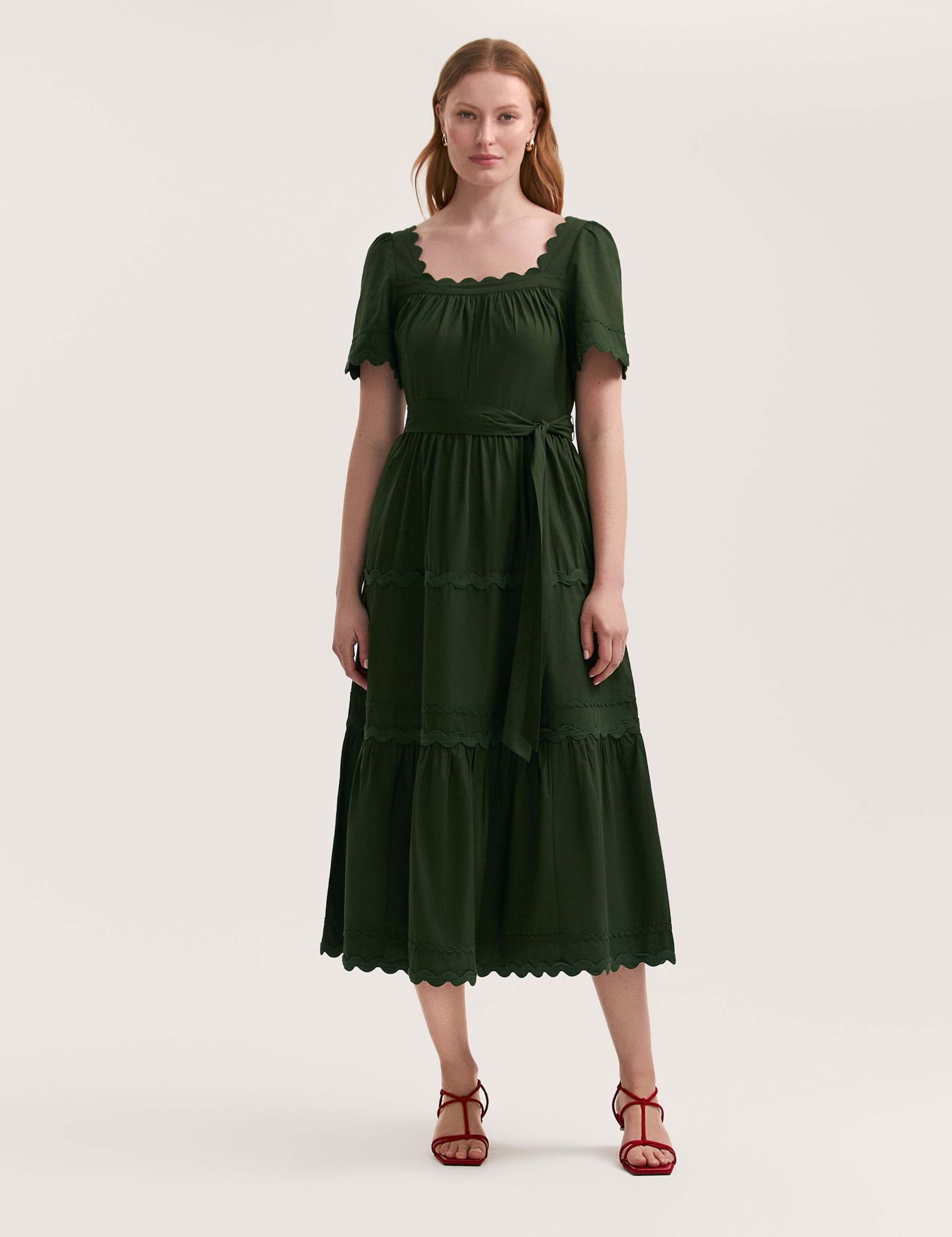 Pure Cotton Square Neck Midi Tiered Dress