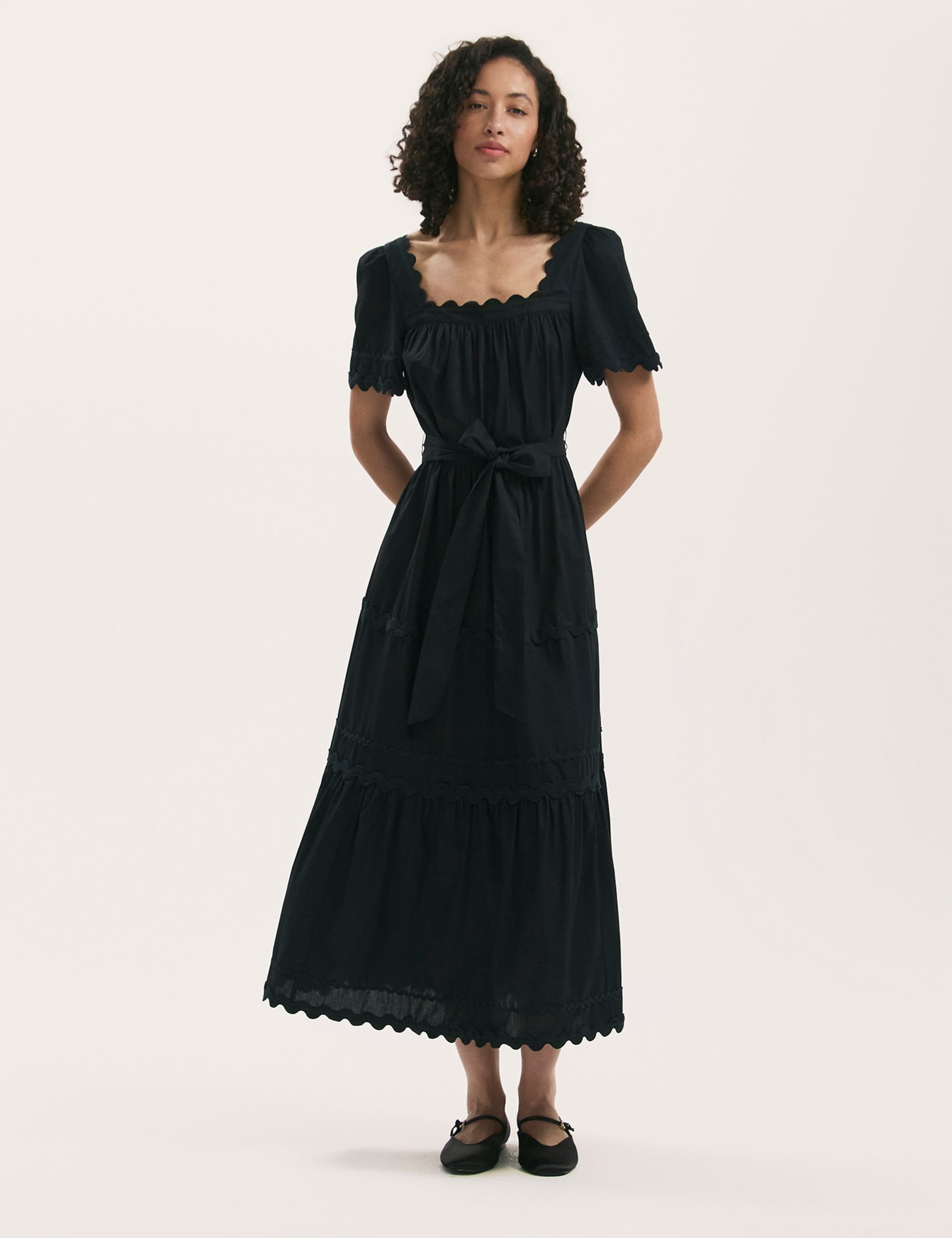 Pure Cotton Square Neck Midi Tiered Dress