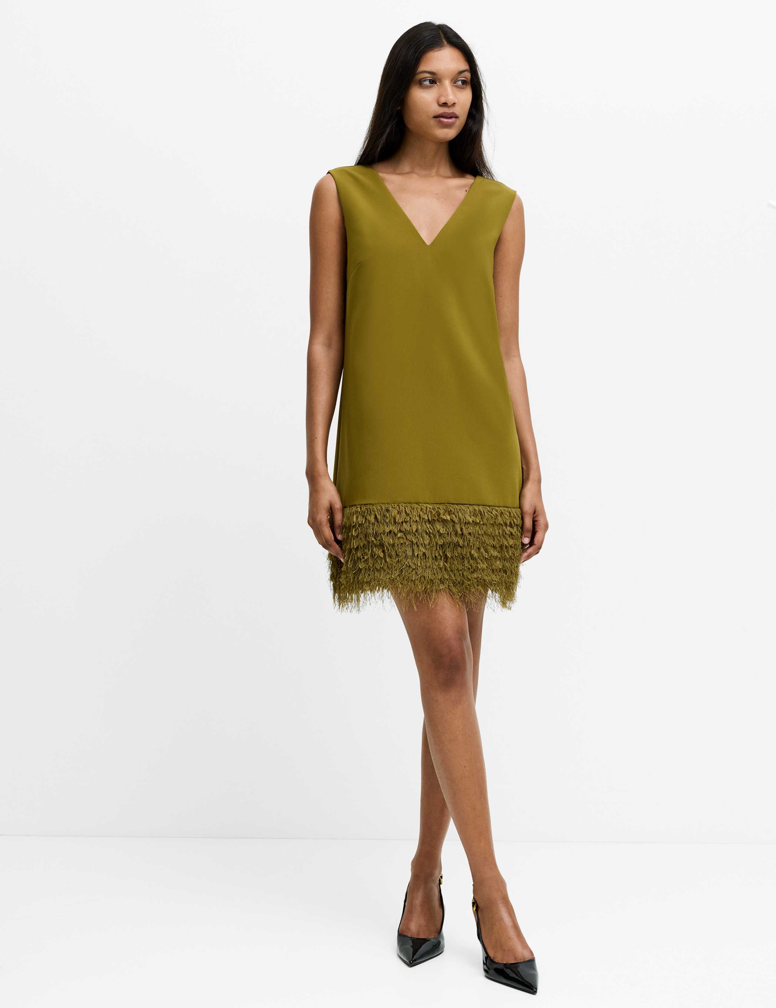 V-Neck Faux Feather Hem Mini Shift Dress