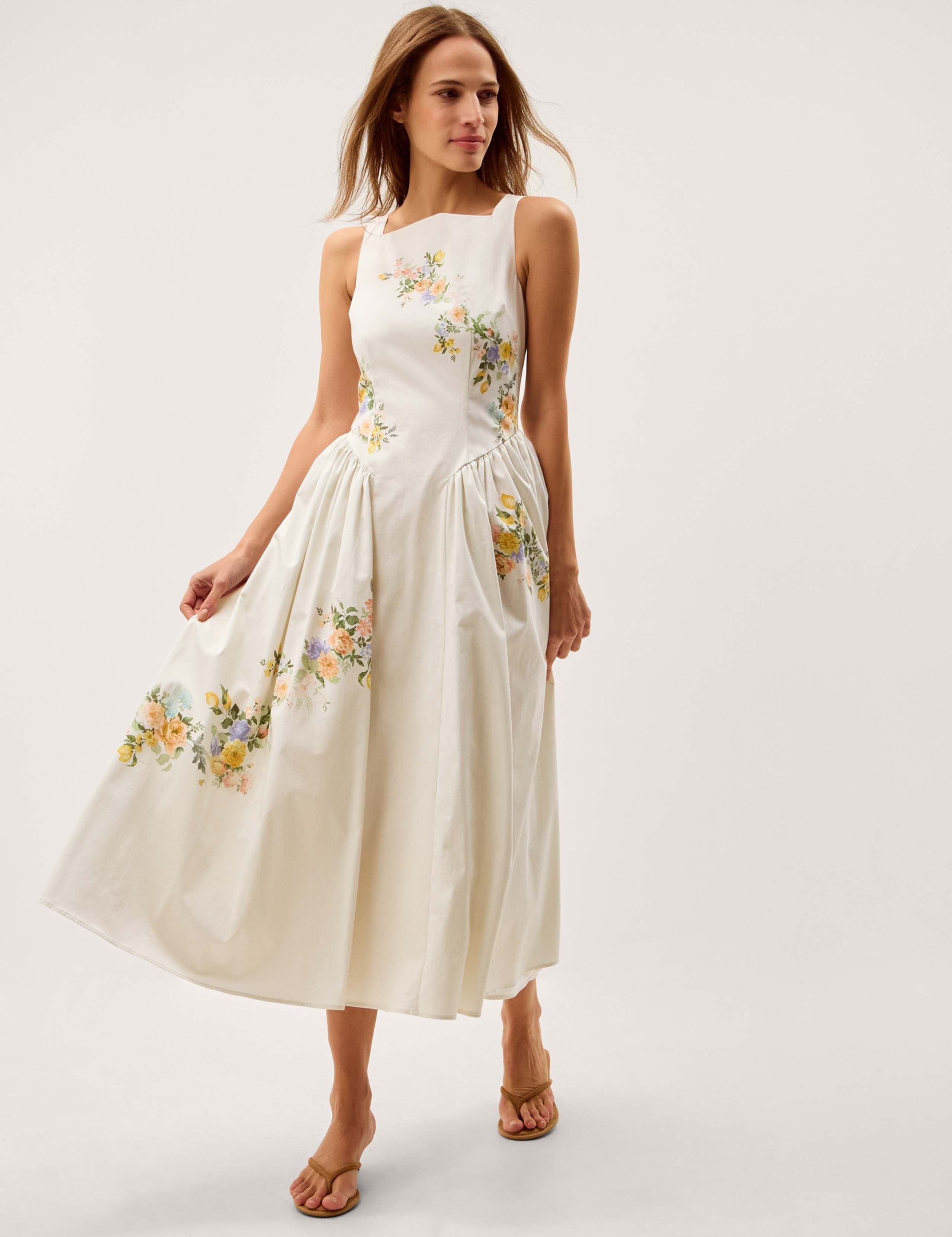 Cotton Rich Floral Square Neck Midi Dress