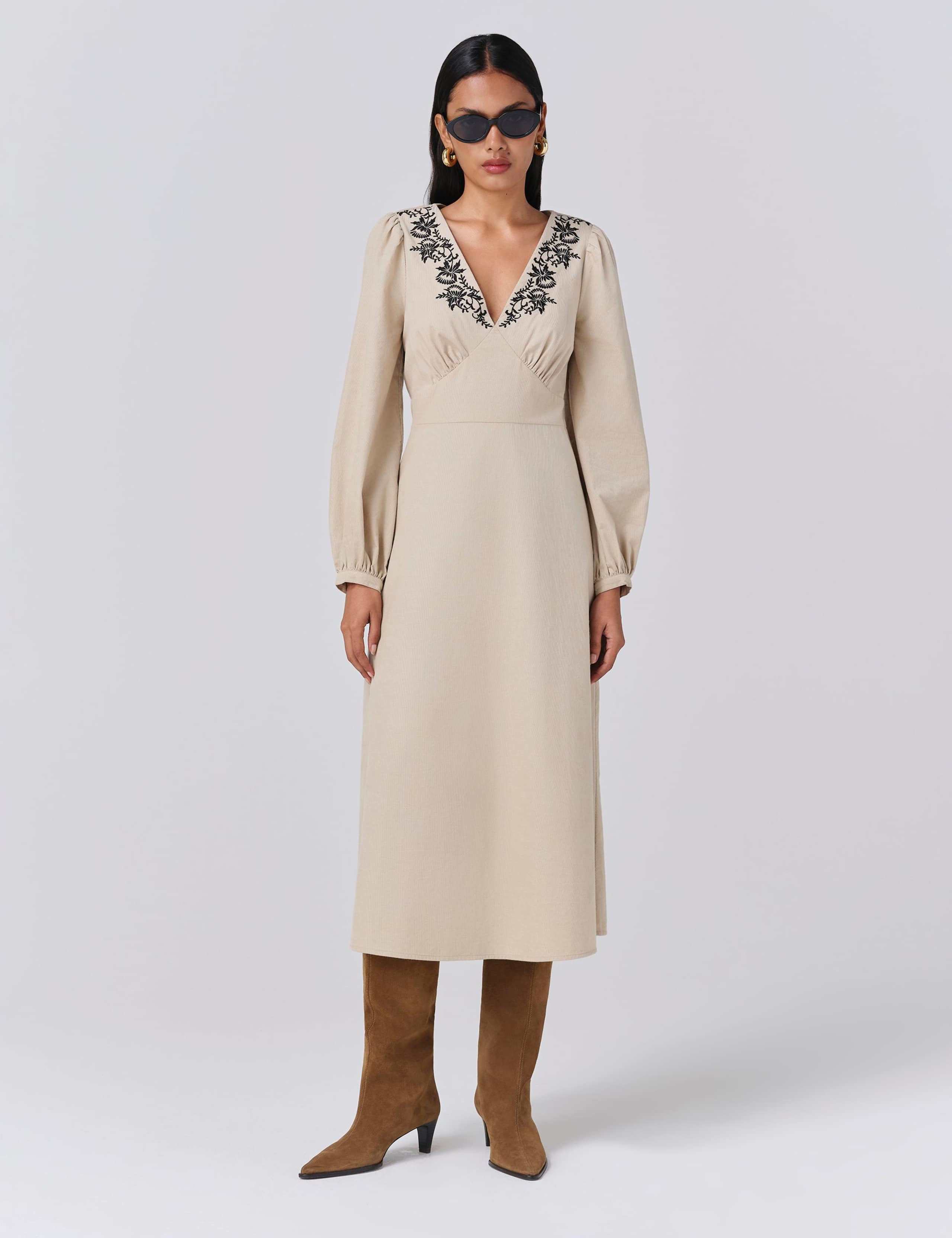 Cord Embroidered V-Neck Midi Skater Dress