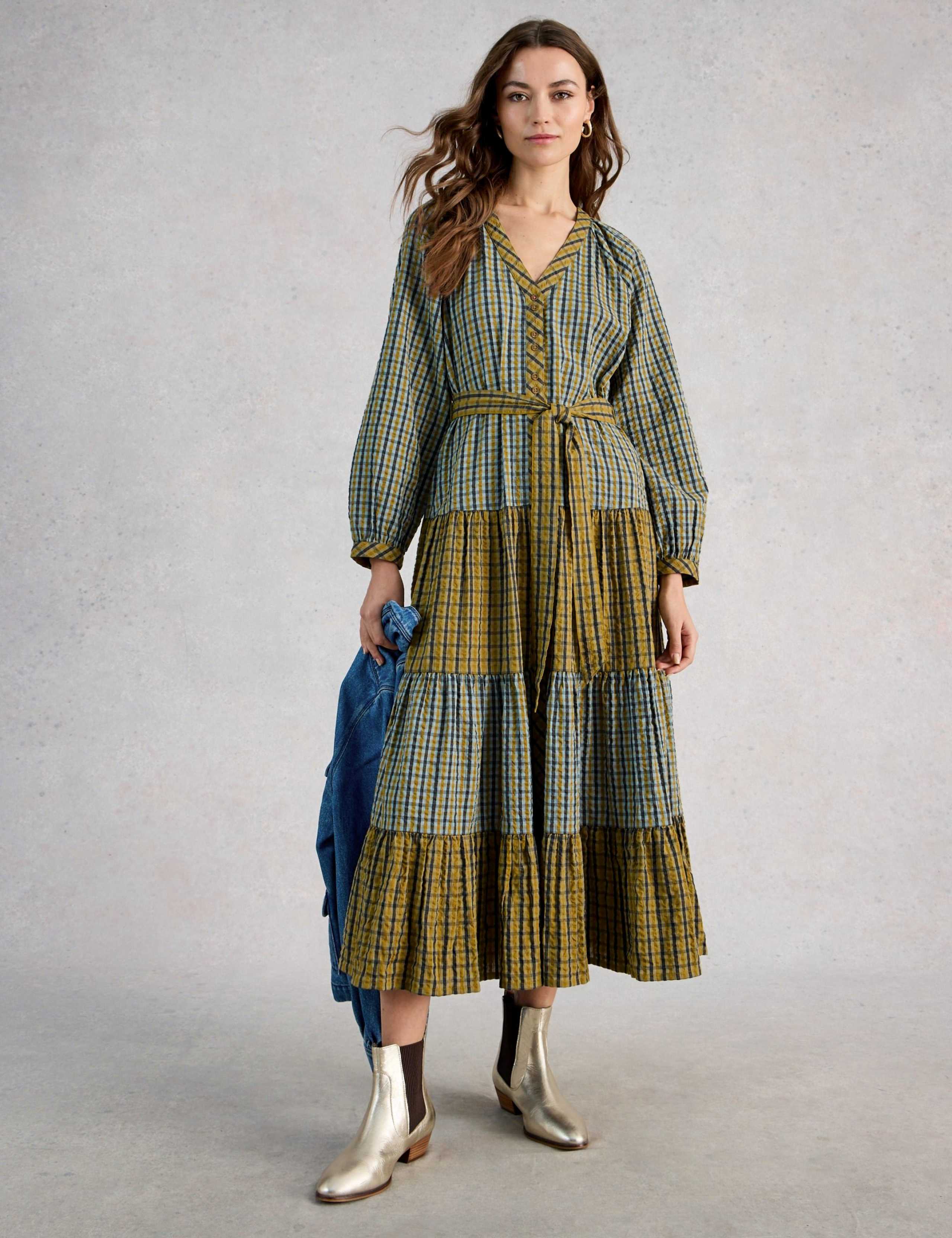 Pure Cotton Checked Midi Tiered Dress