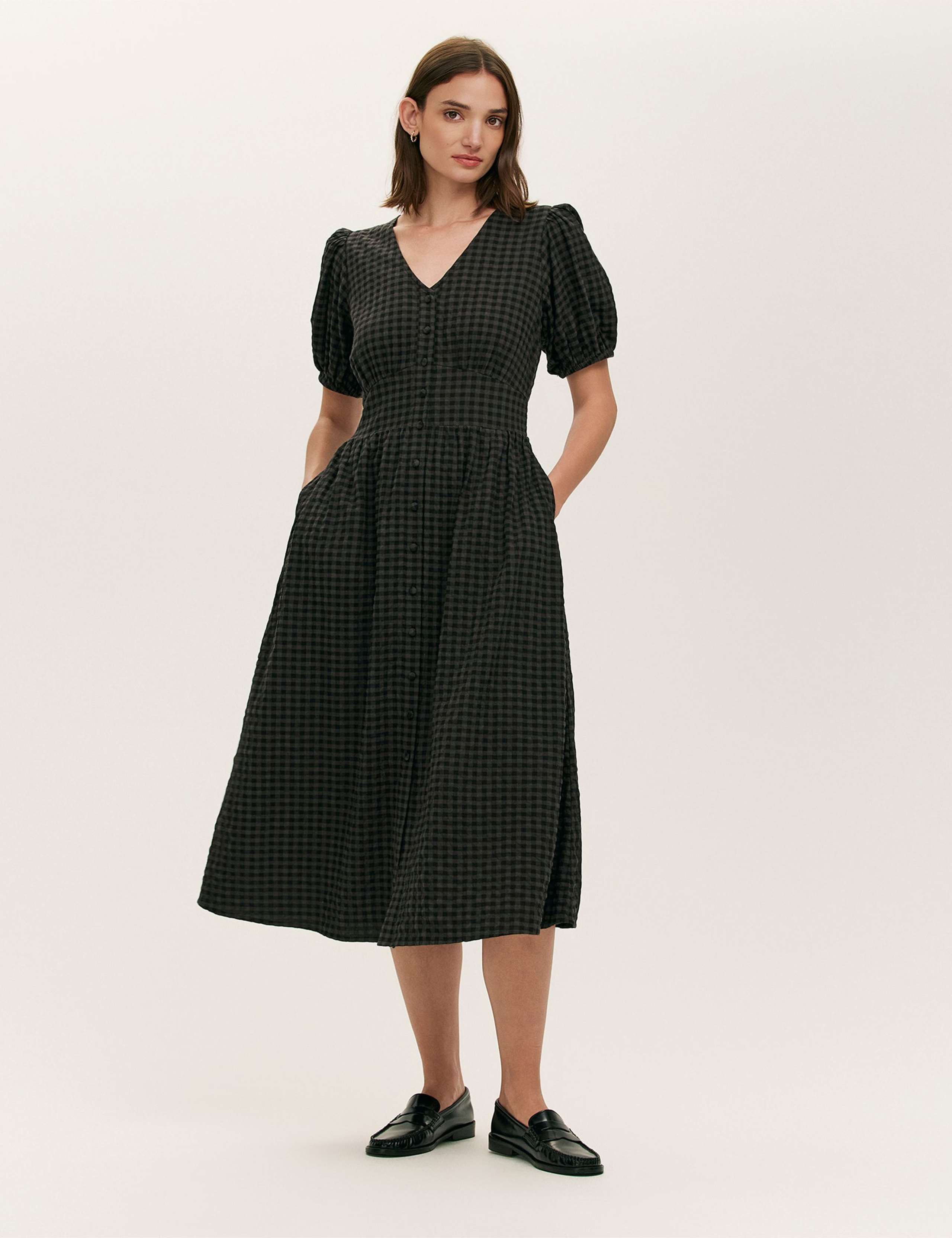 Cotton Blend Gingham Seersucker Midi Dress