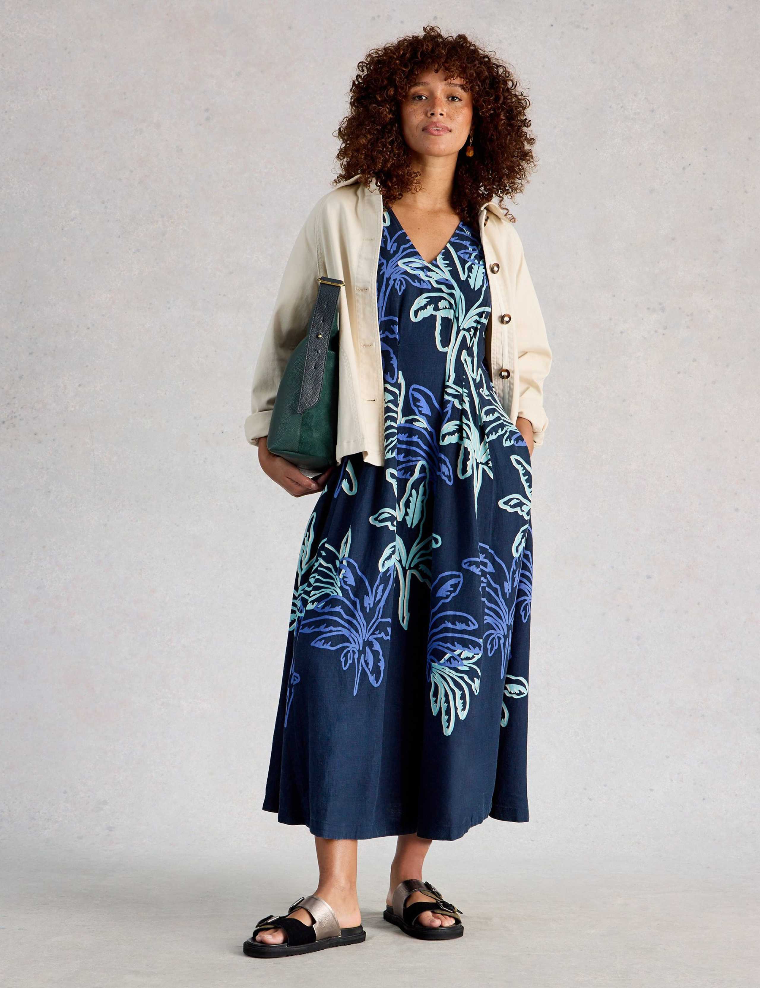 Linen Blend Printed Midi Skater Dress