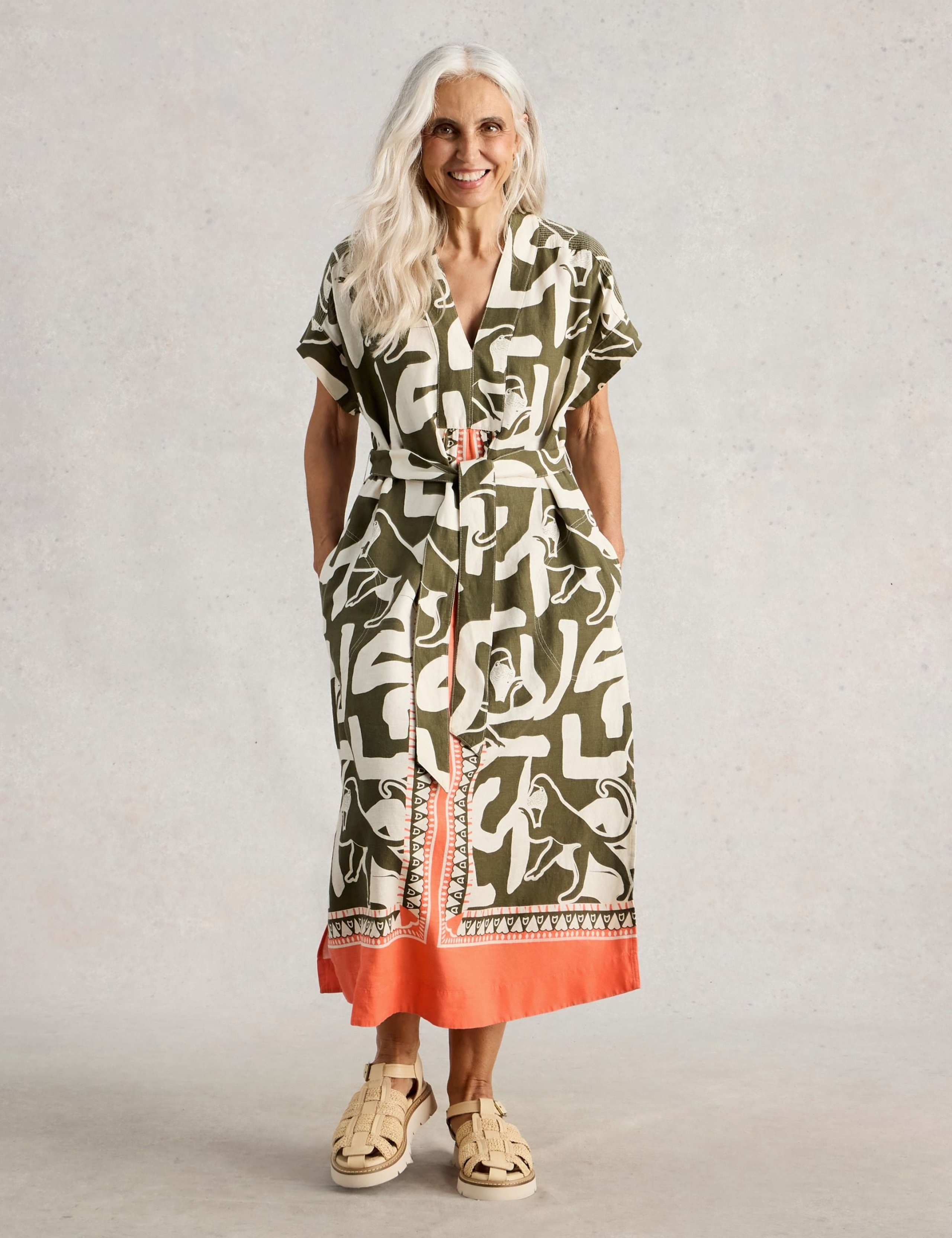 Linen Blend Abstract Midi Utility Dress
