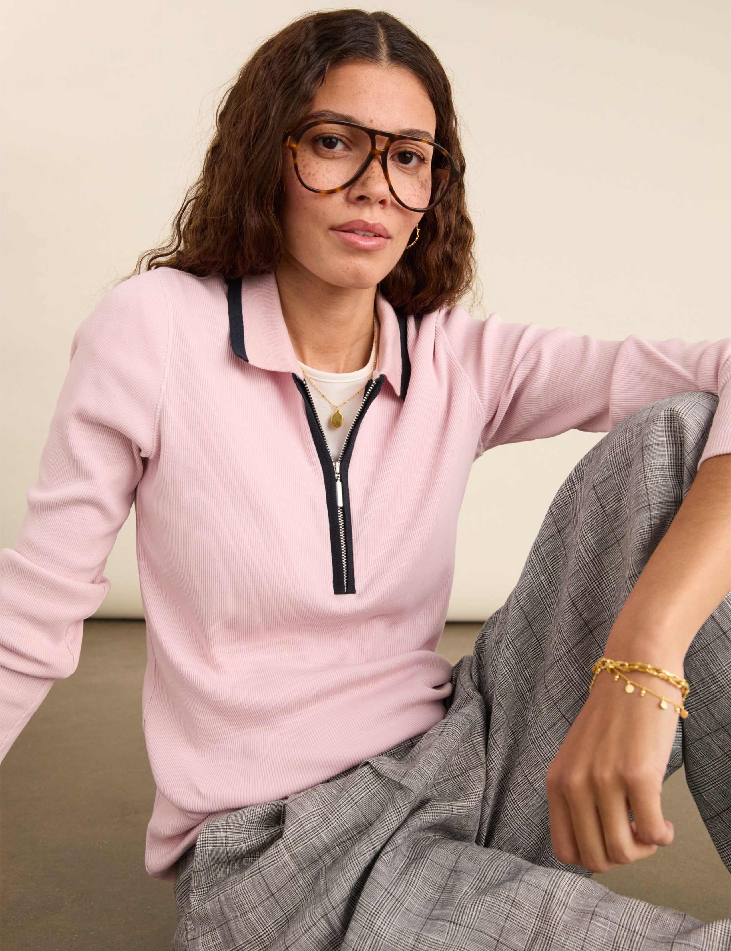 Pure Cotton Ribbed Collared Half Zip Top