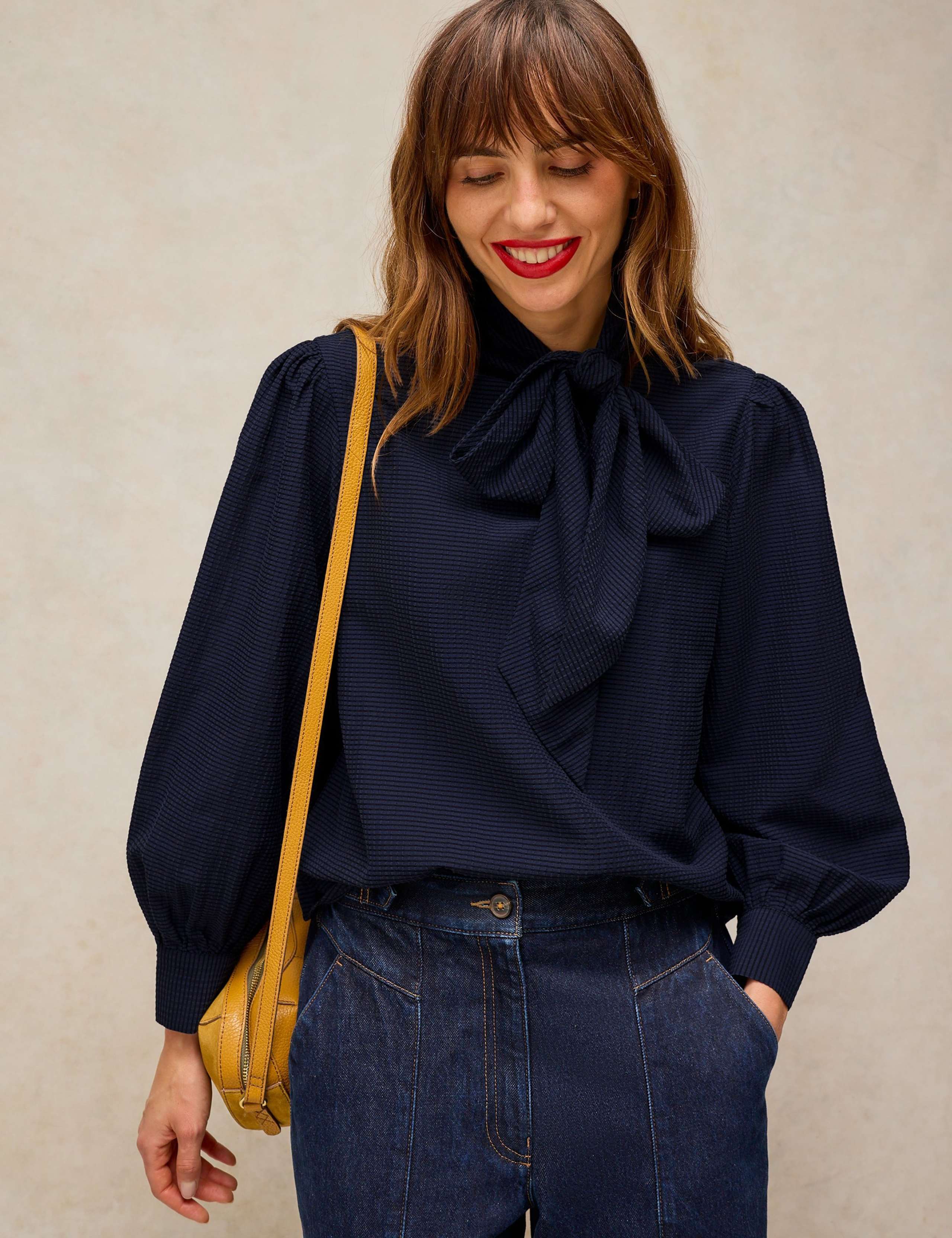 Tie Neck Long Sleeve Cotton Blouse