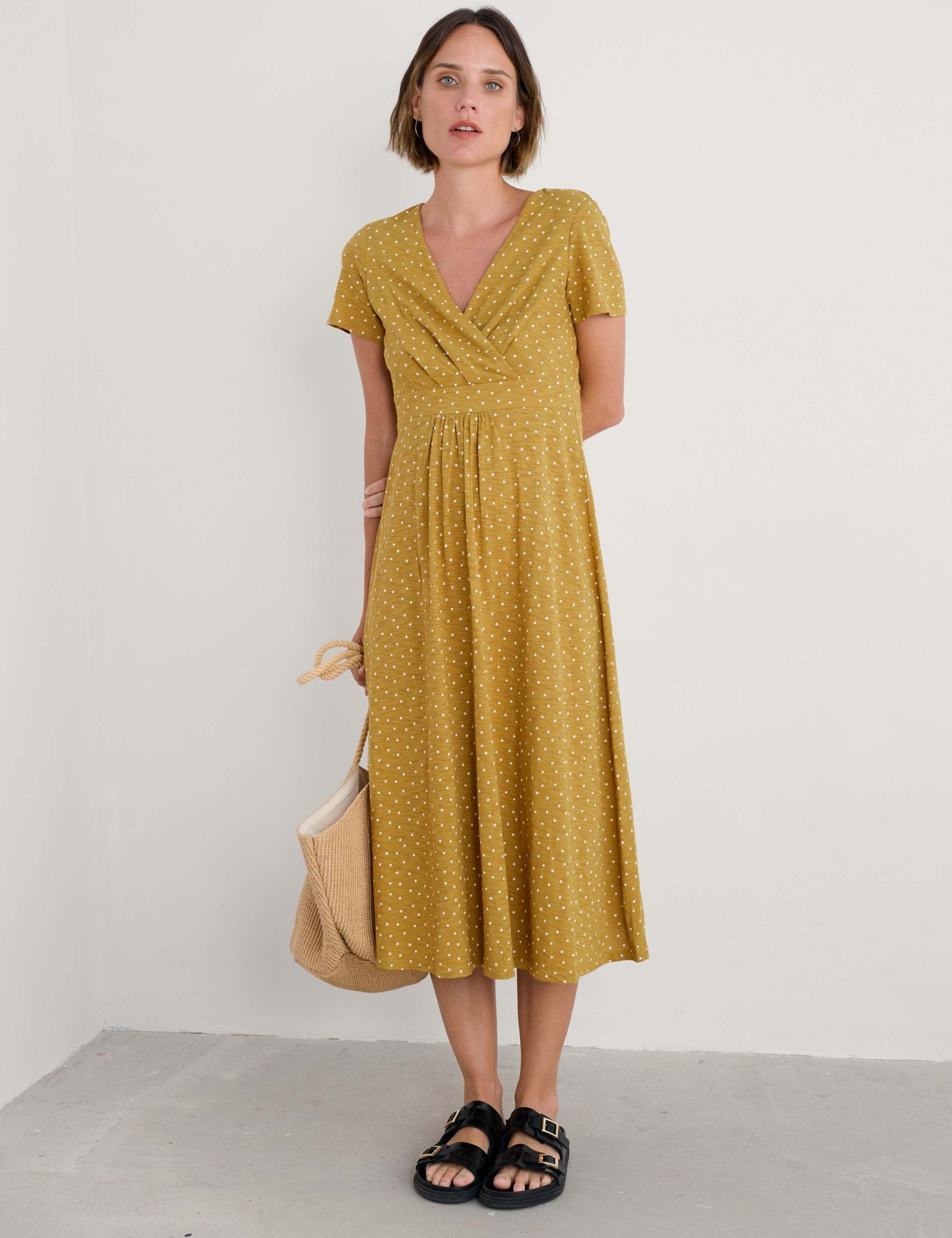 Pure Cotton Jersey Polka Dot V-Neck Midi Dress
