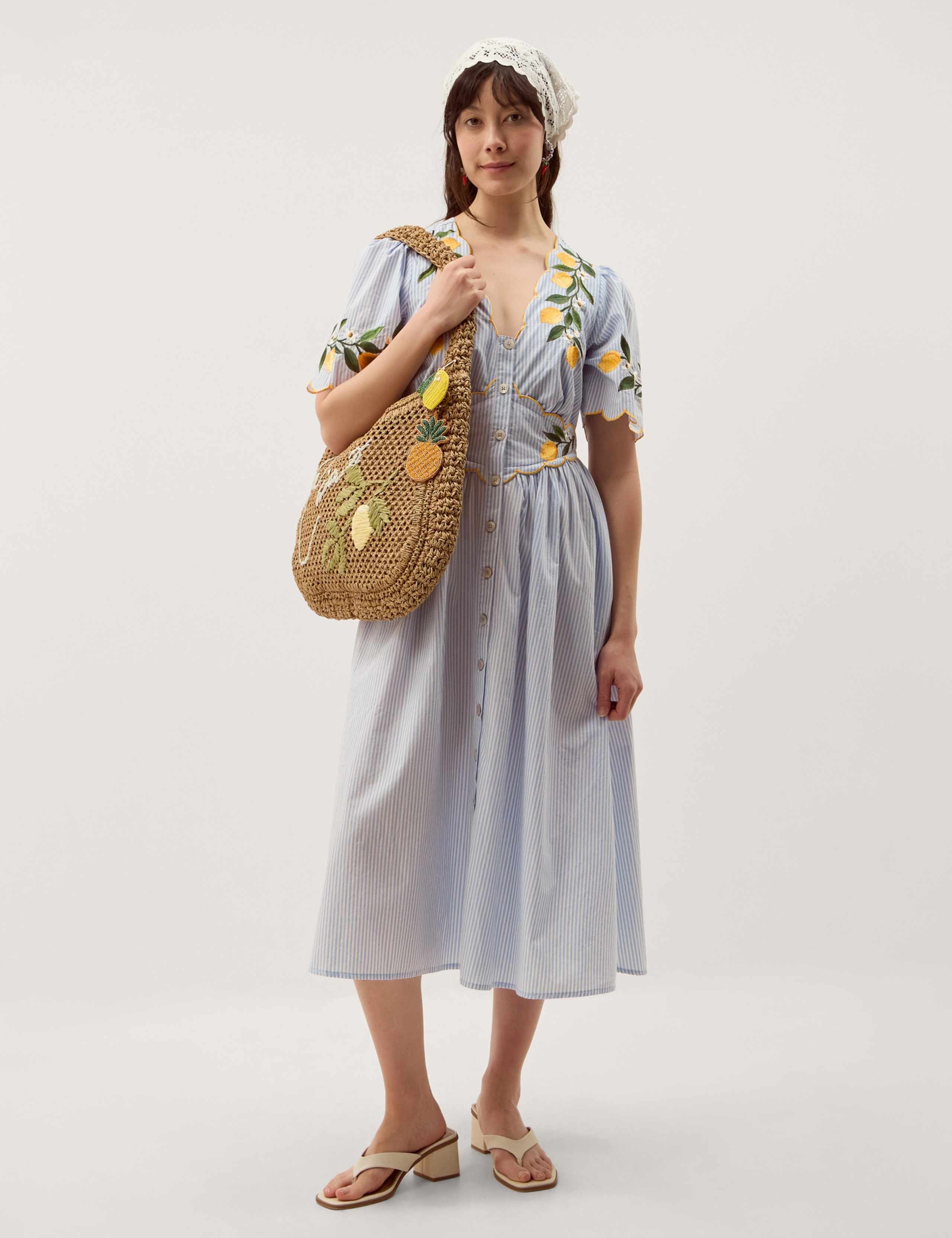 Pure Cotton Embroidered V-Neck Midi Dress