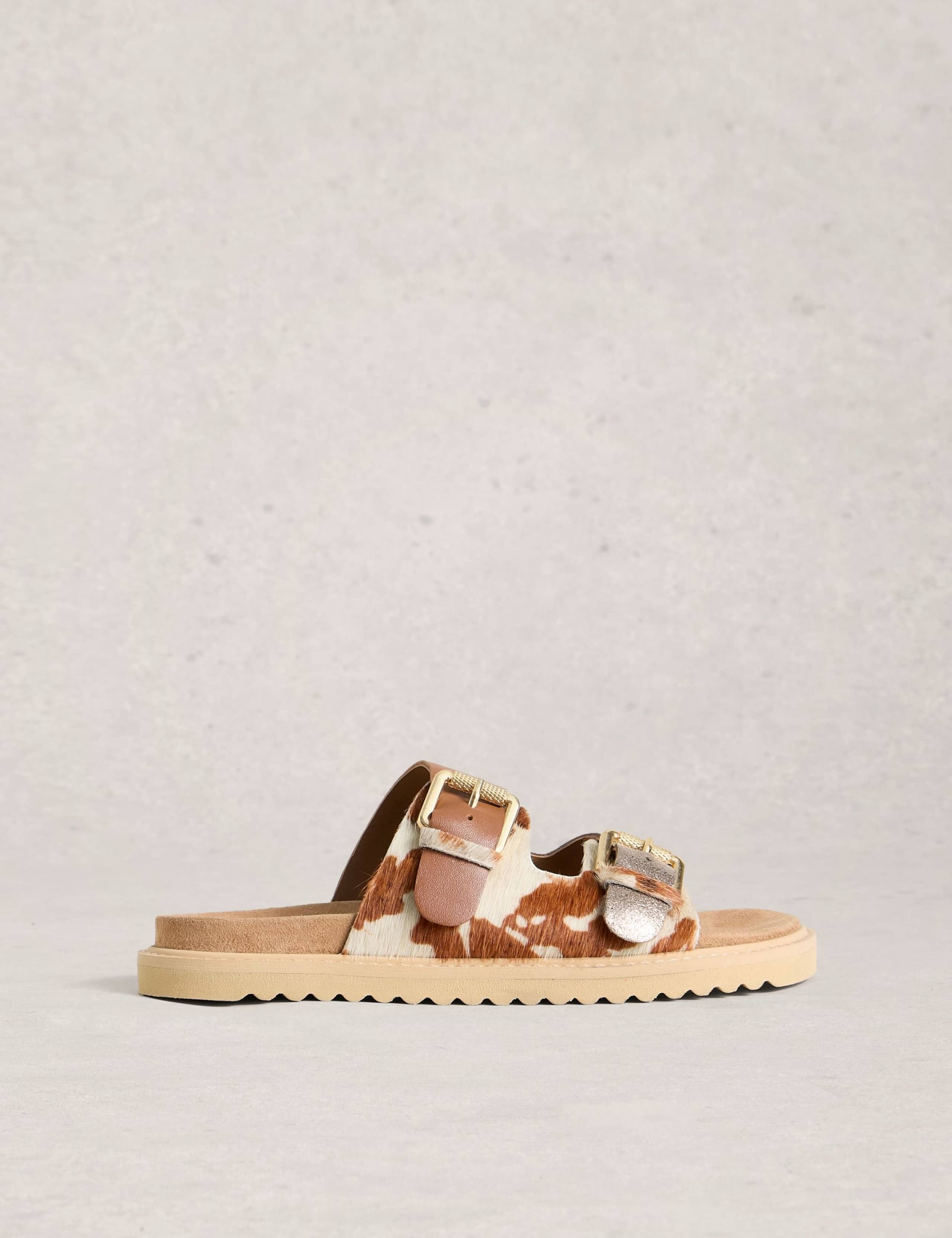 Leather Metallic Buckle Foodbed Flat Sliders