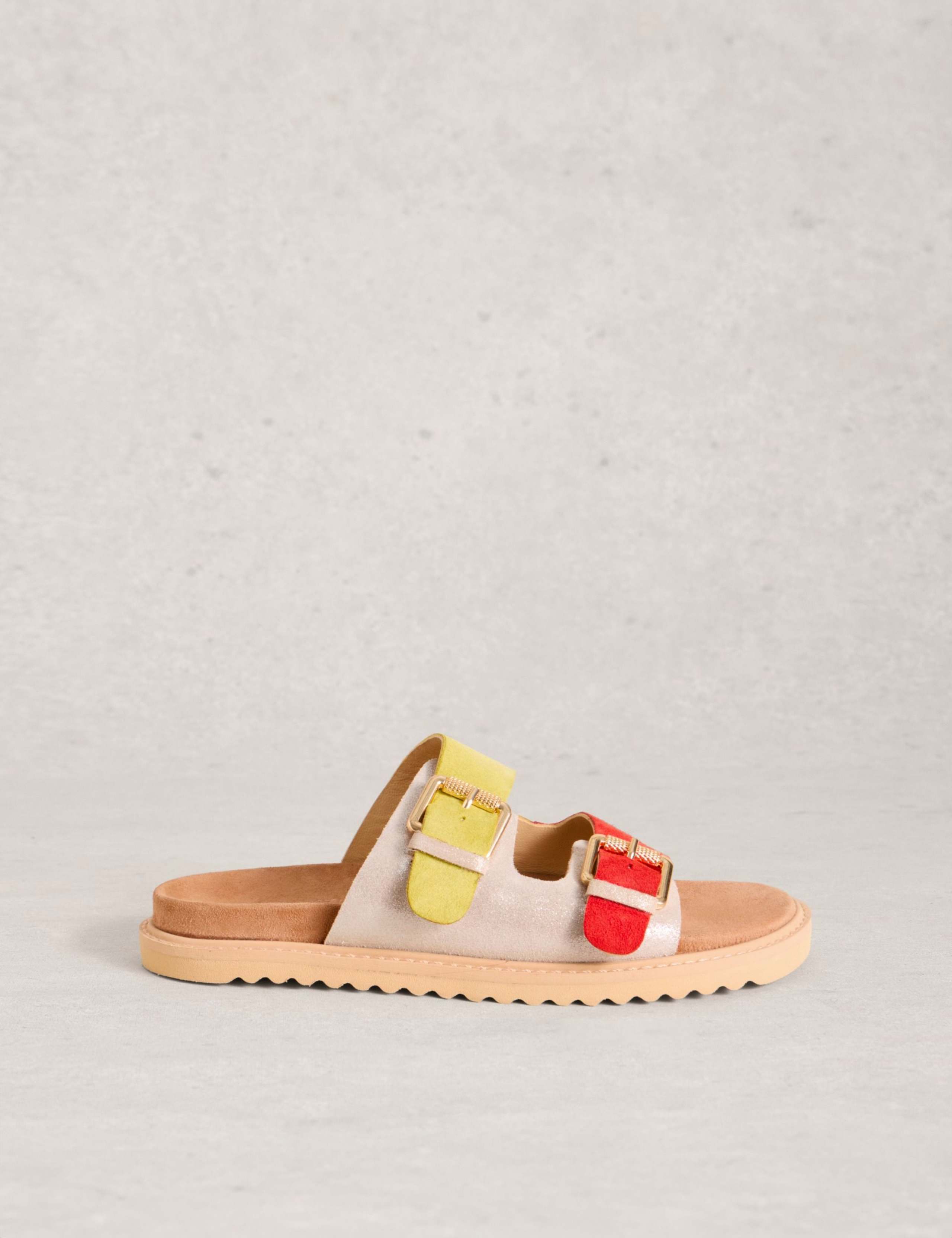 Leather Metallic Buckle Foodbed Flat Sliders