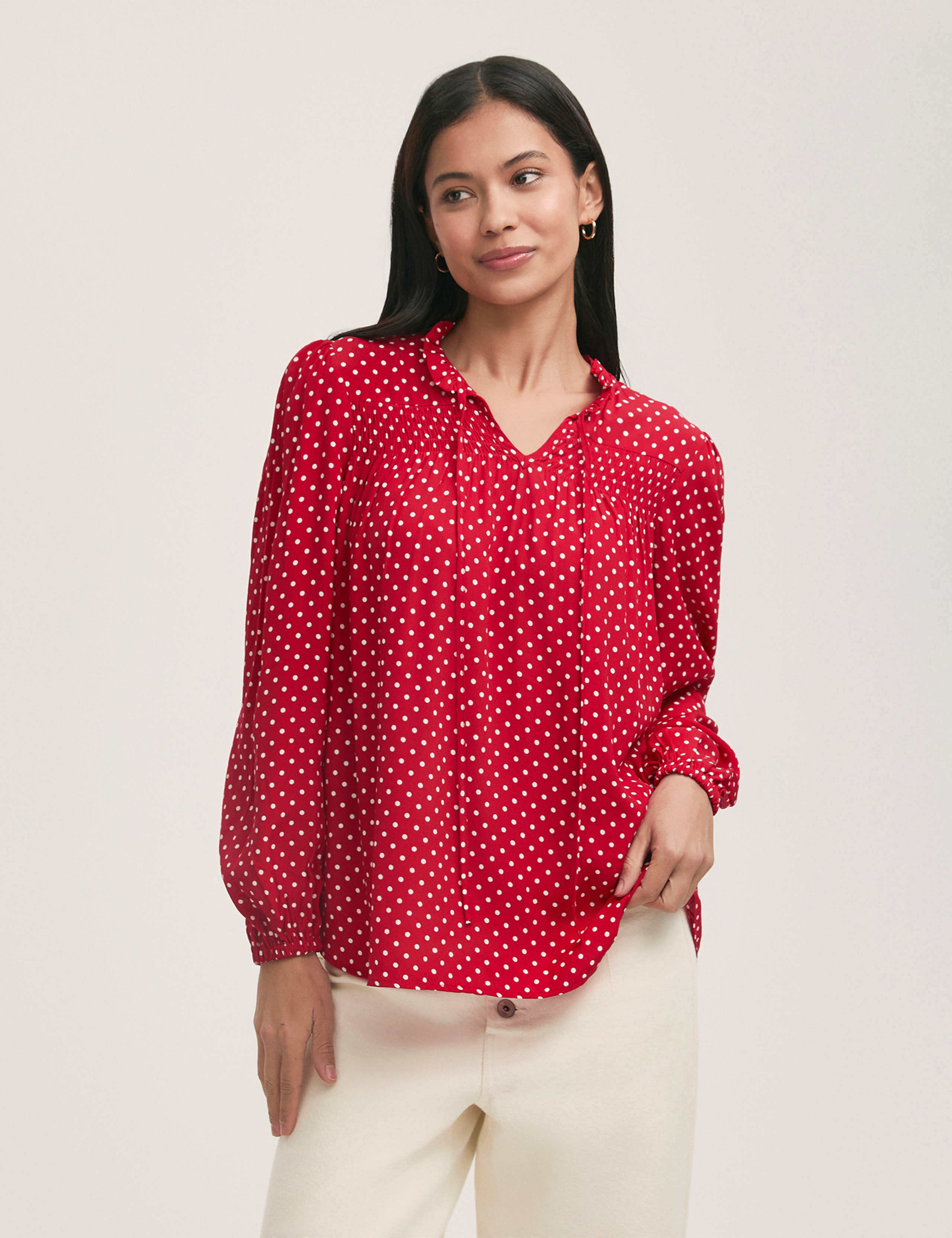 Kiya Crepe Spot Print Tie Neck Blouse
