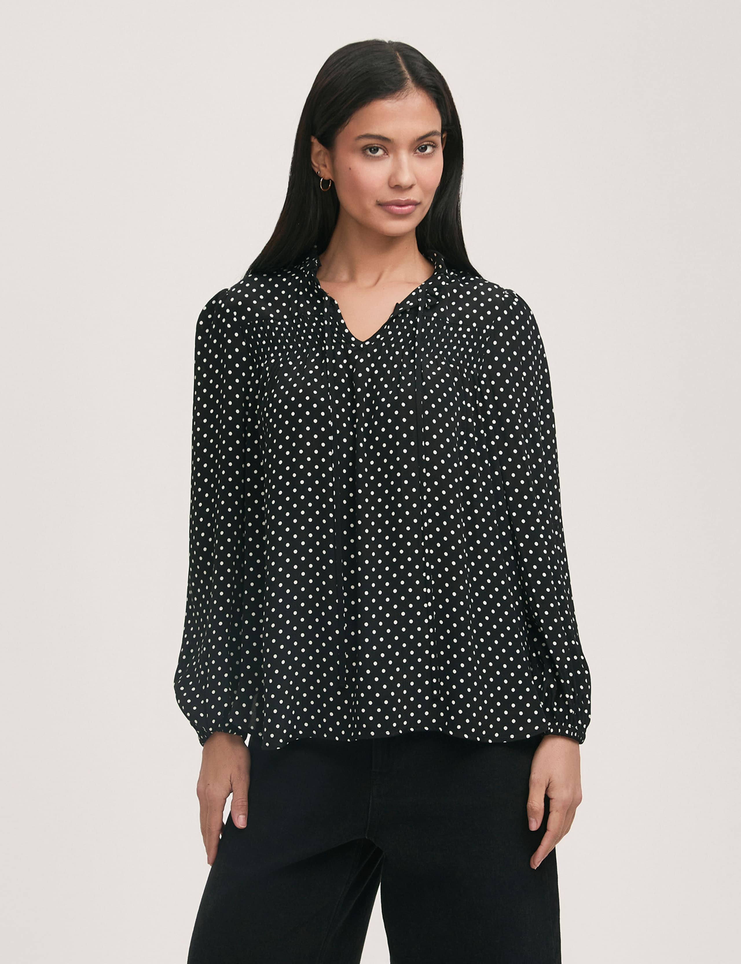 Kiya Crepe Spot Print Tie Neck Blouse