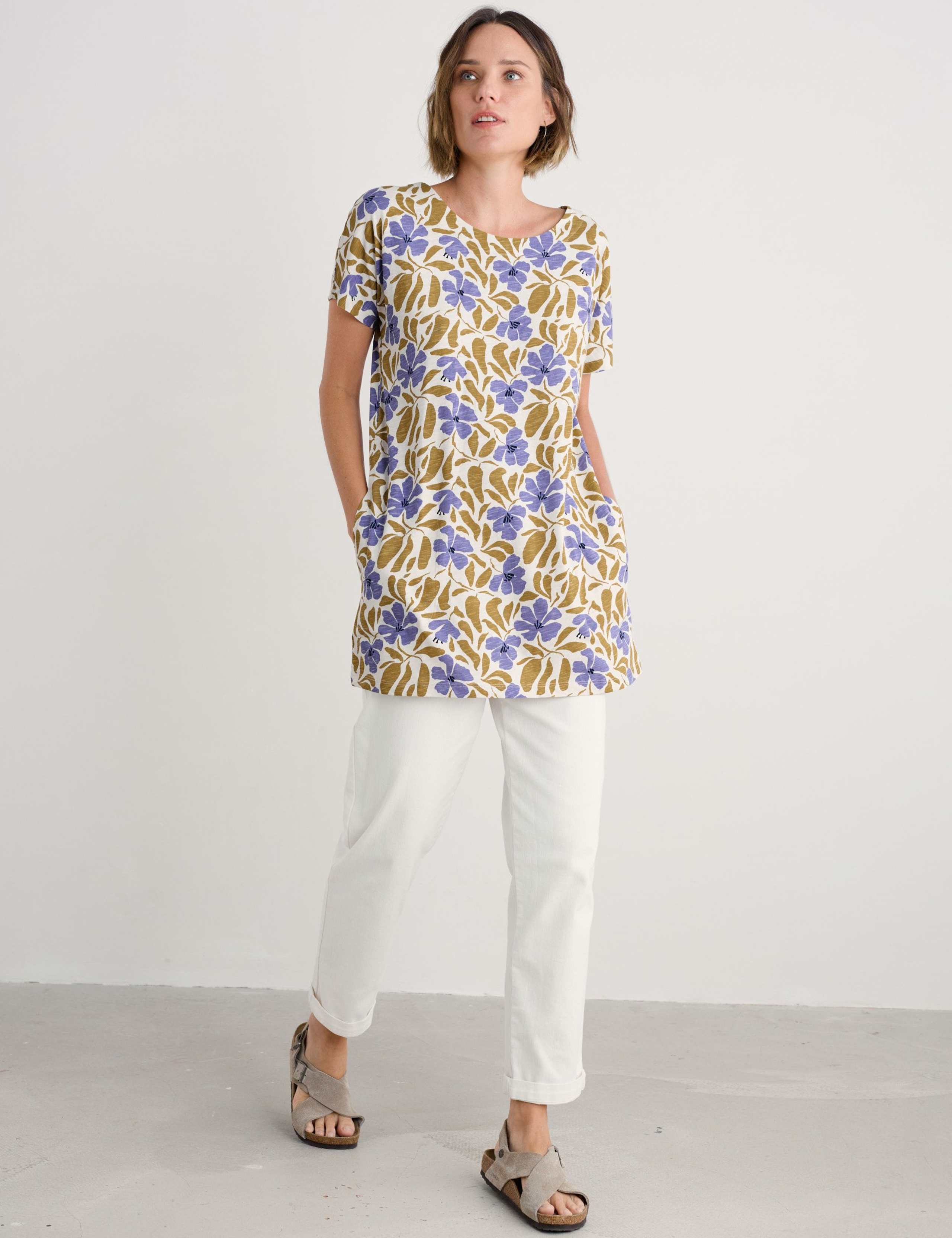 Pure Cotton Floral Scoop Neck Relaxed Tunic