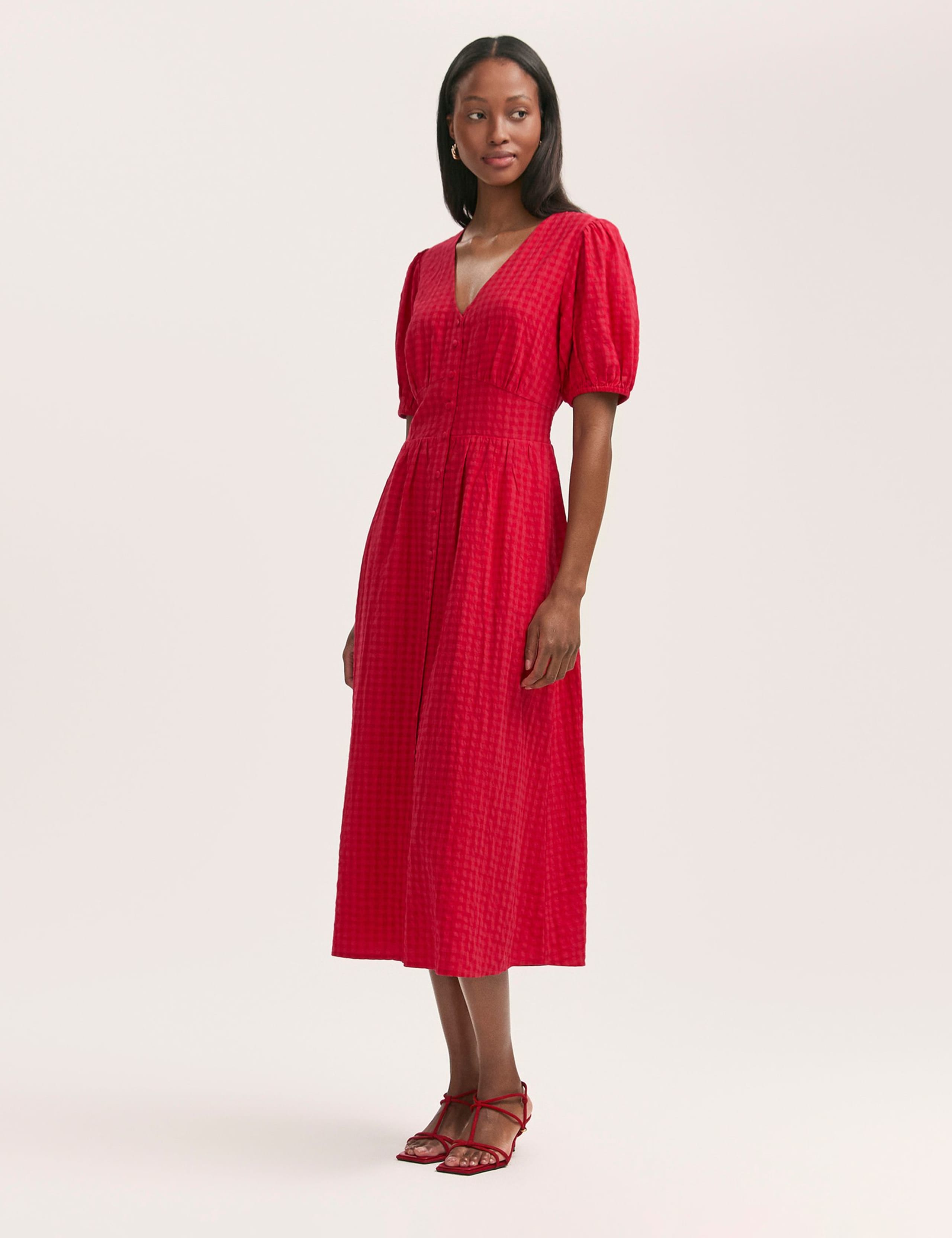 Cotton Blend Gingham V-Neck Midi Tea Dress