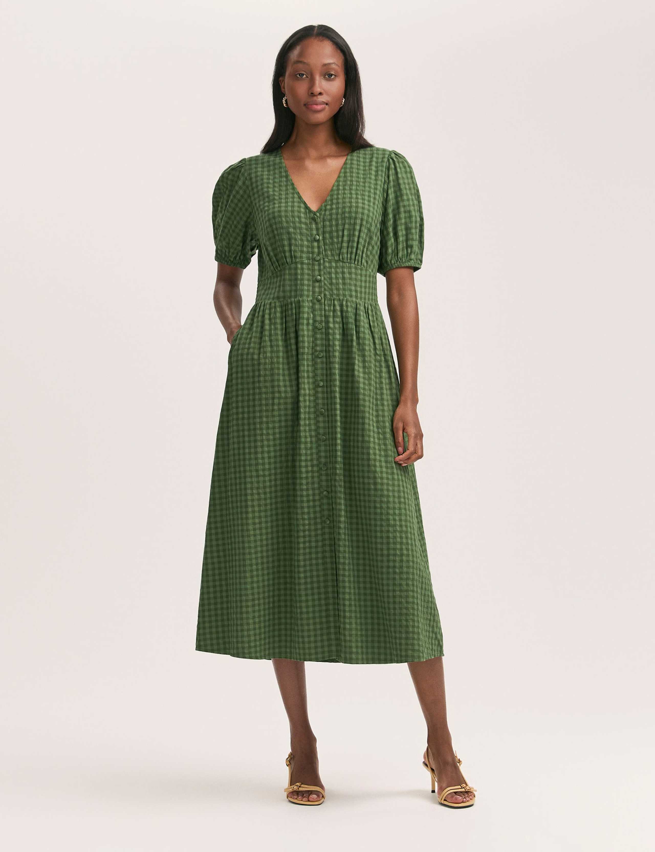Cotton Blend Gingham V-Neck Midi Tea Dress