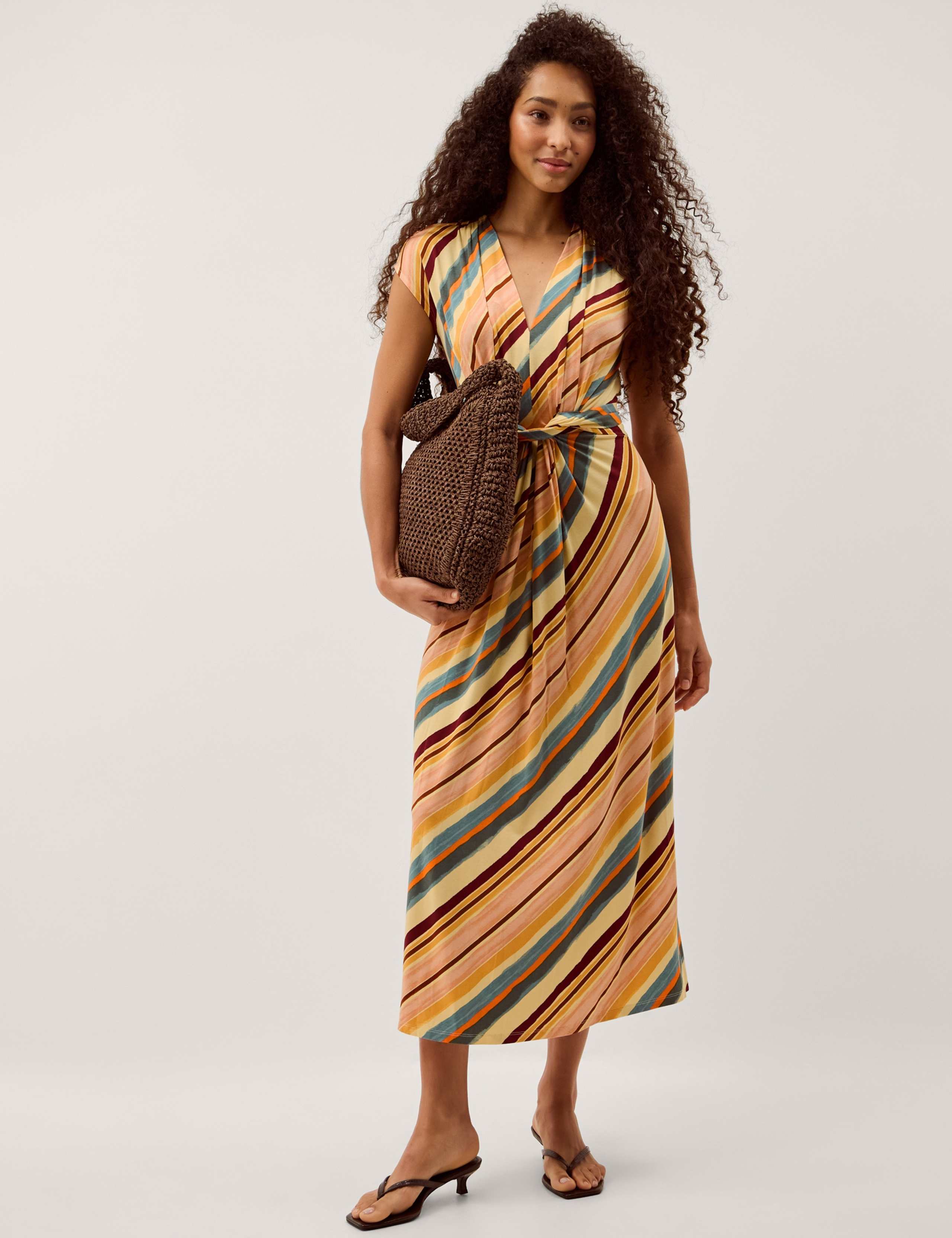 Jersey Striped V-Neck Midi Waisted Dress