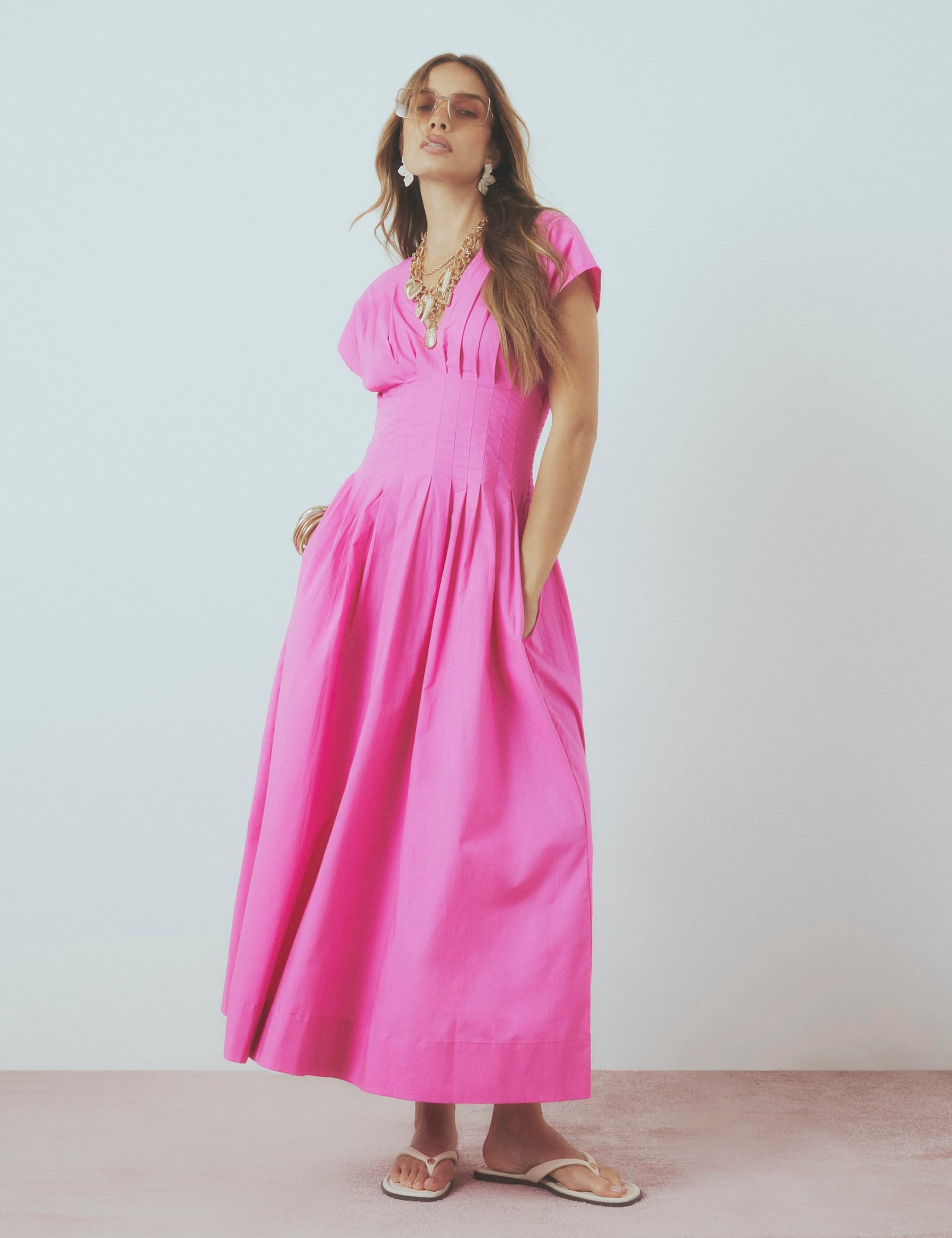 Pure Cotton V-Neck Midi Waisted Dress