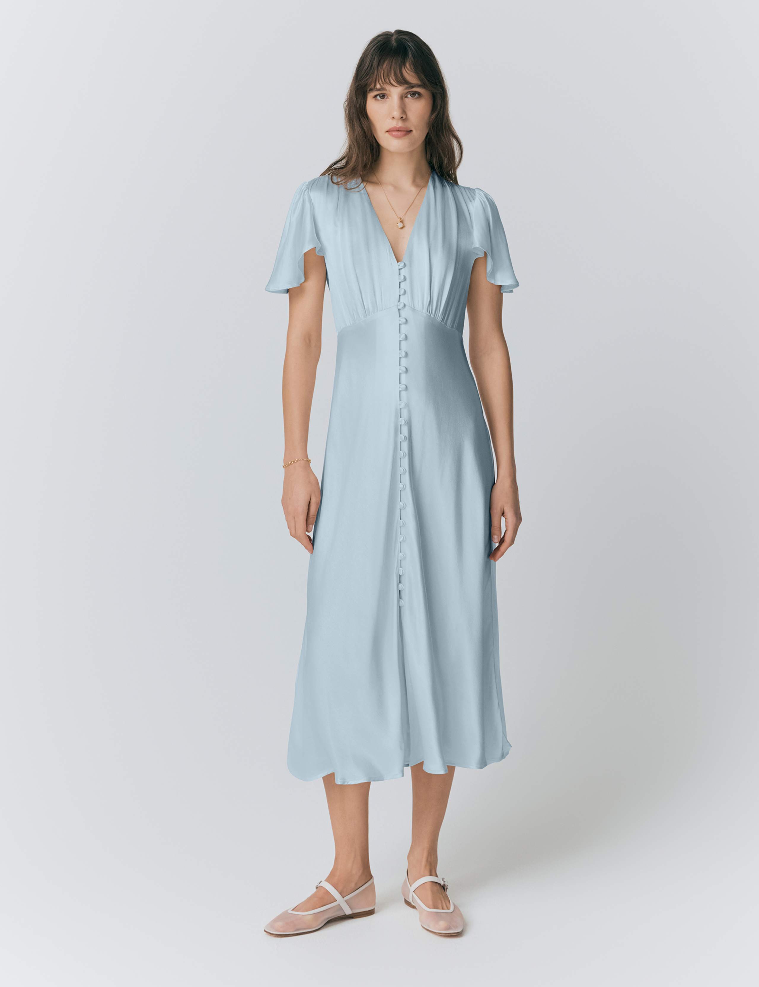 Satin V-Neck Angel Sleeve Midi Tea Dress