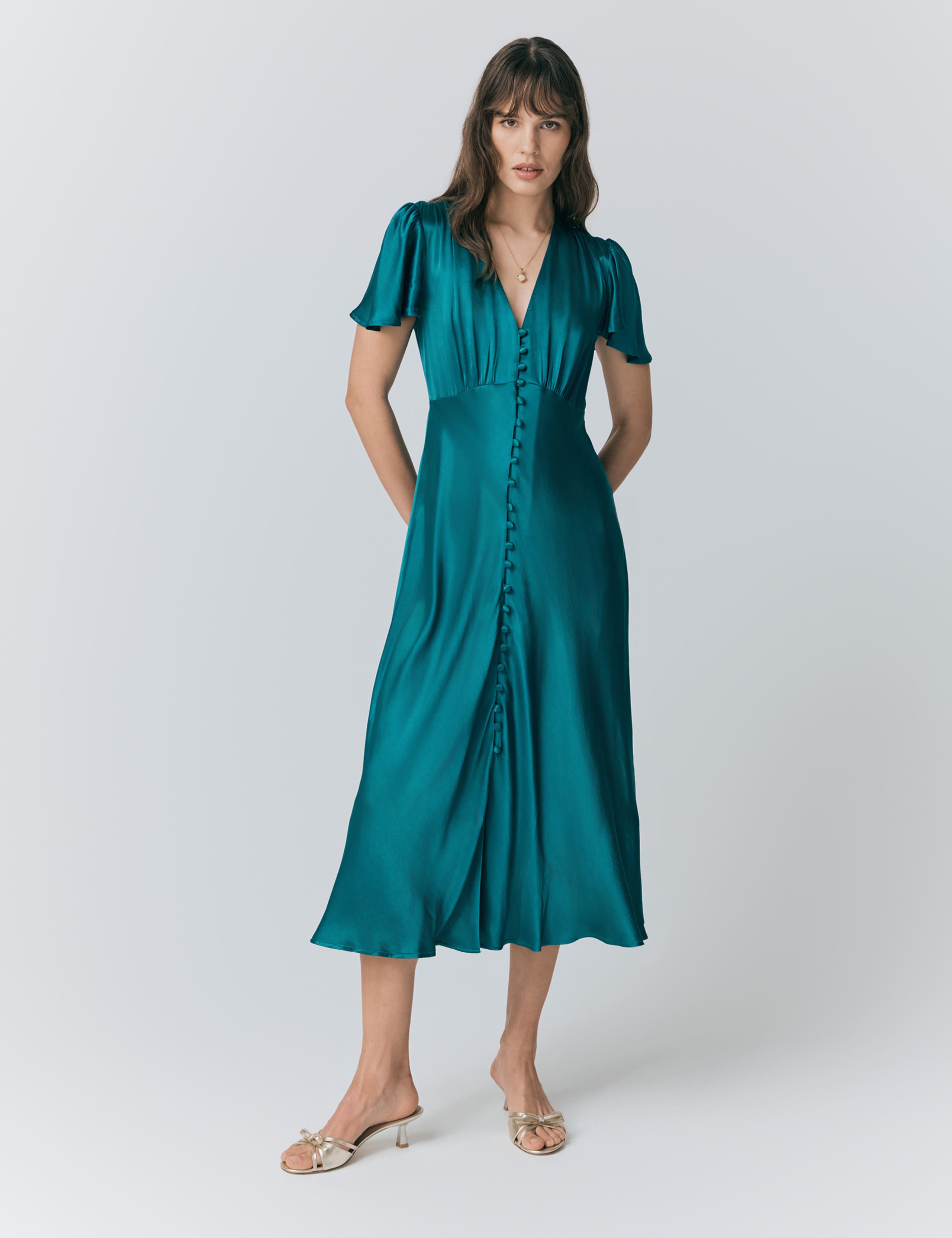 Satin V-Neck Angel Sleeve Midi Tea Dress