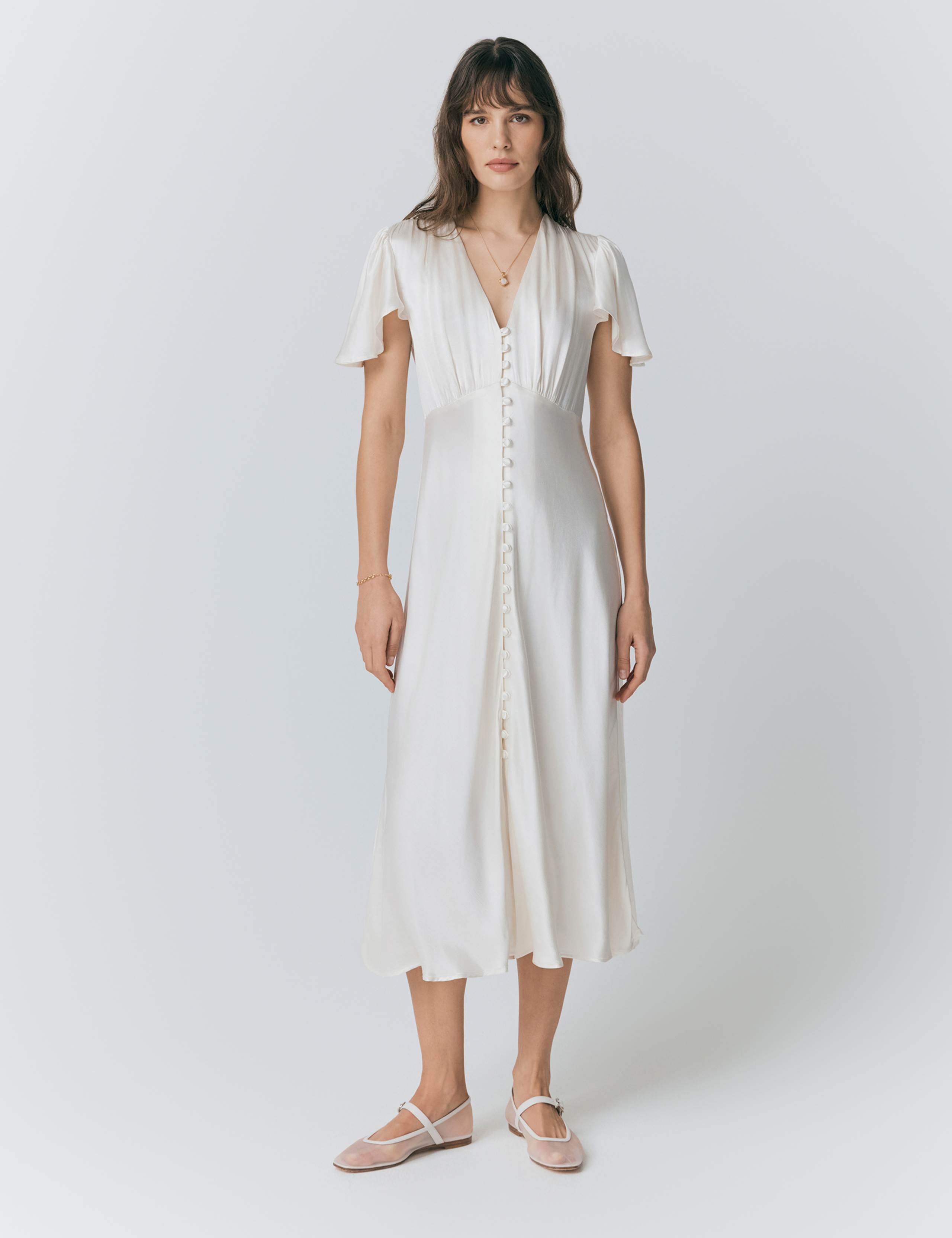 Satin V-Neck Angel Sleeve Midi Tea Dress