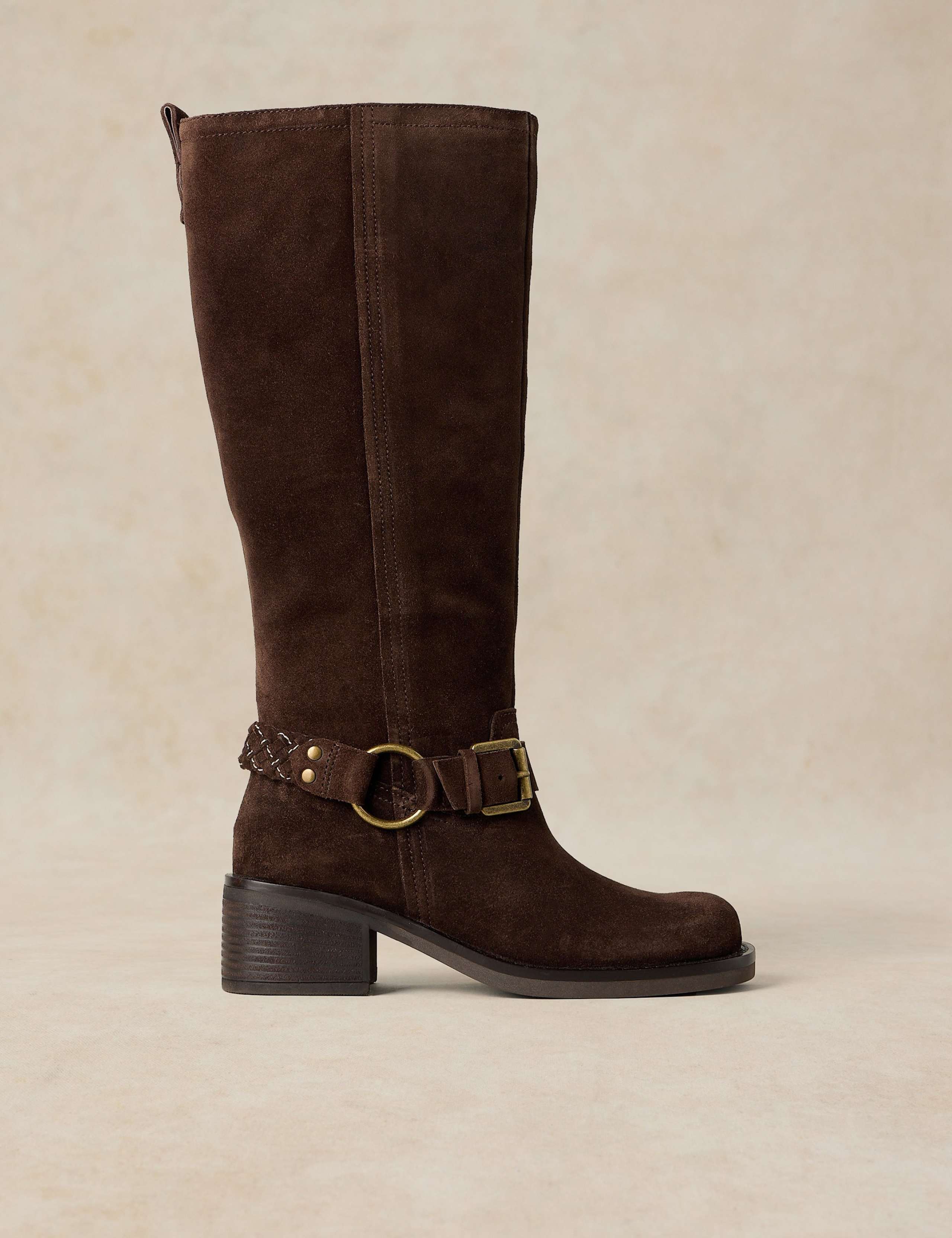 Mid Heel Pull On Leather Knee High Boot