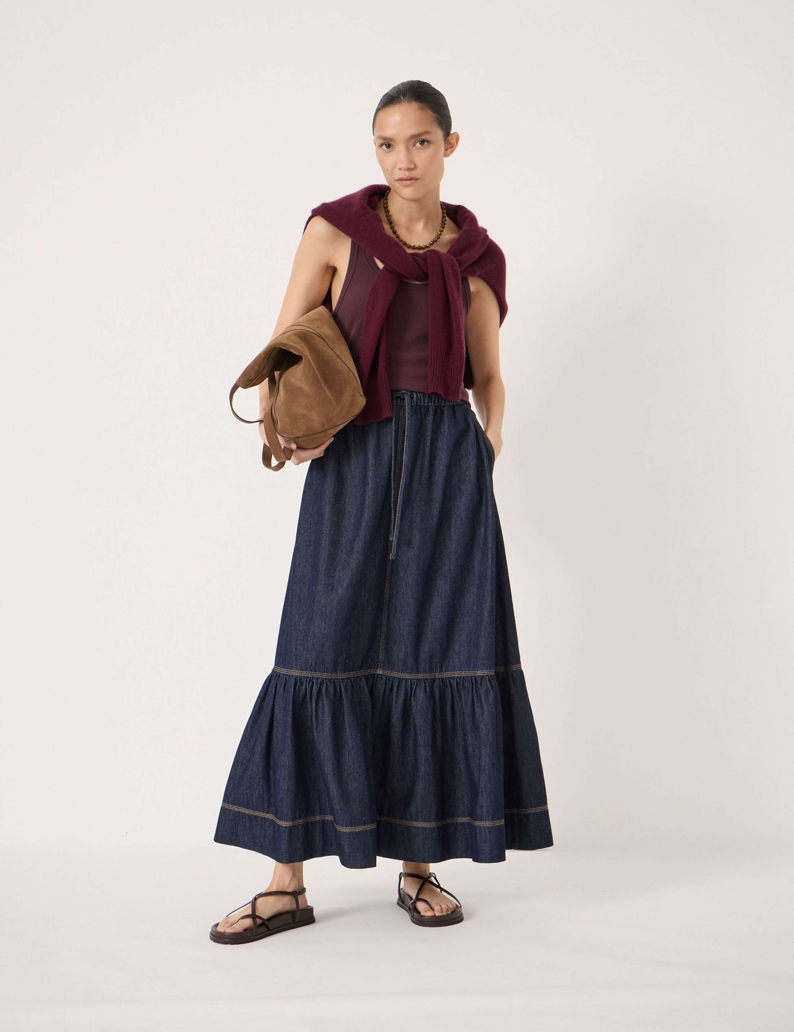 Pure Cotton Denim Midaxi Tiered Skirt