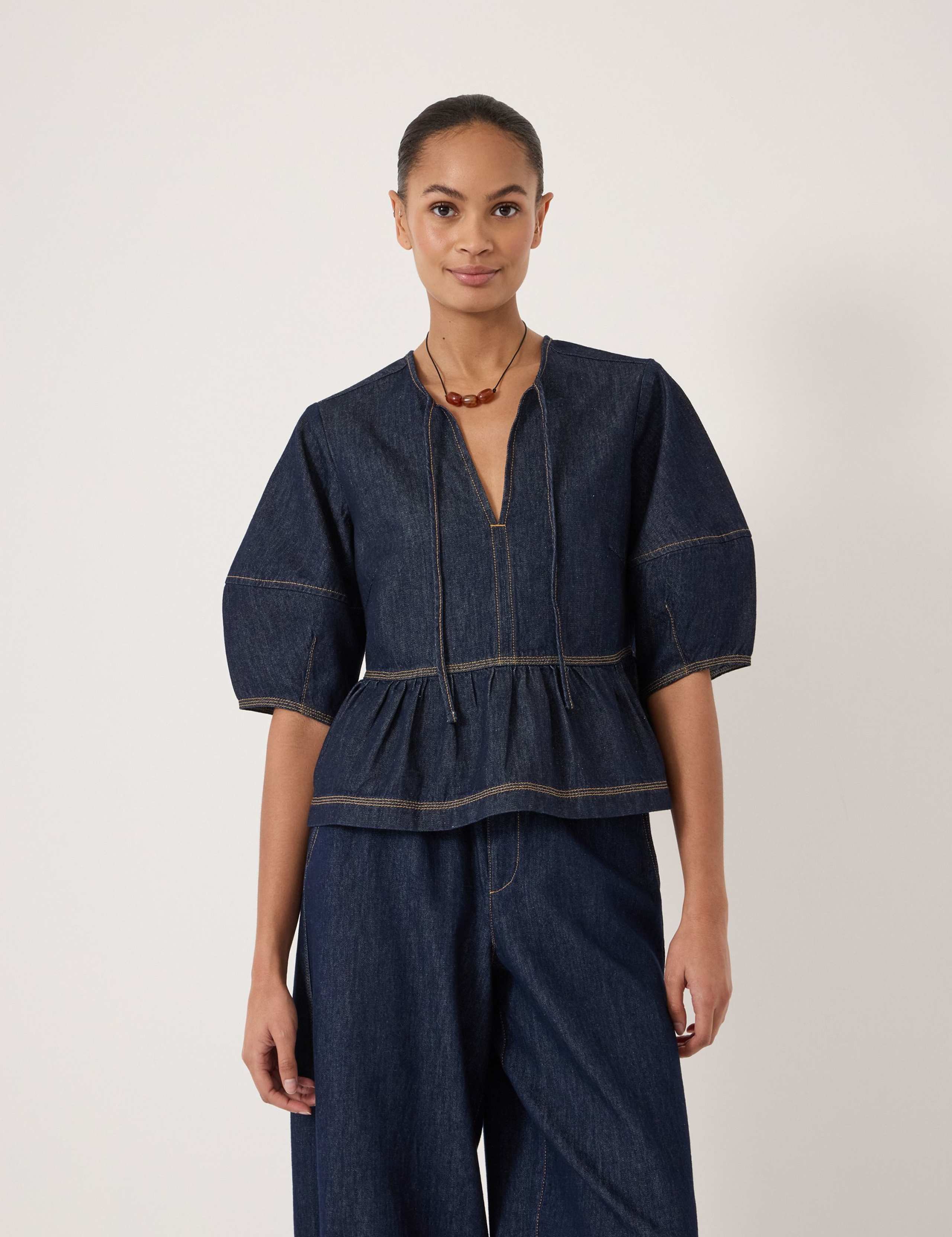 Pure Cotton Denim Barrel Sleeve Top