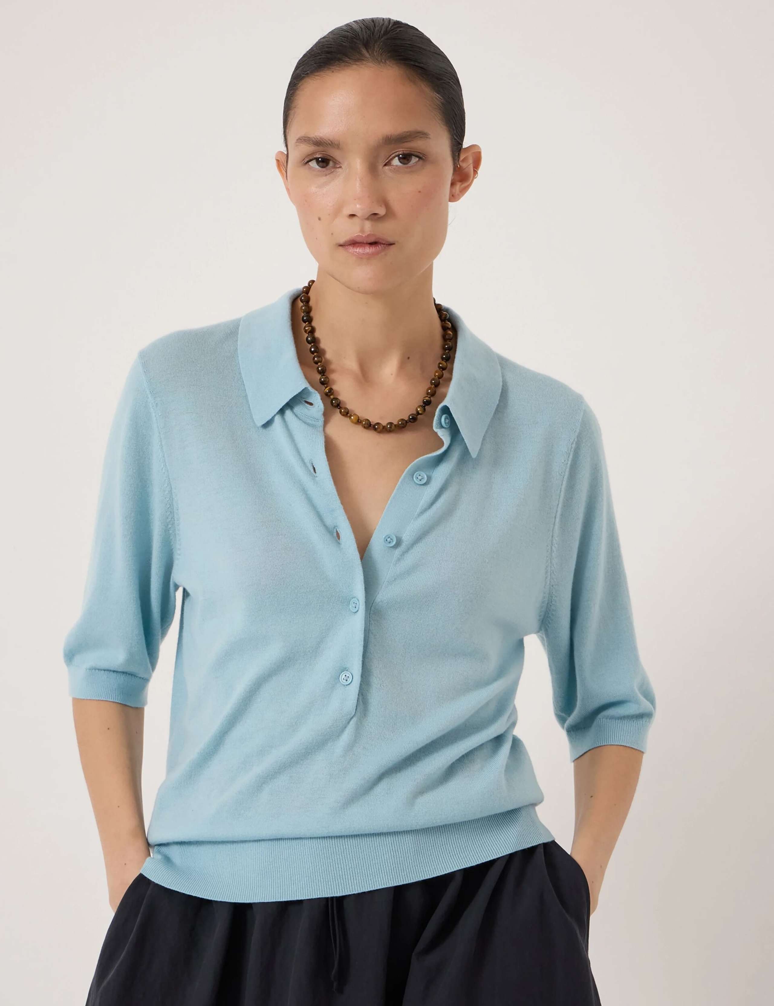 Wool Blend Polo Neck Knitted Top