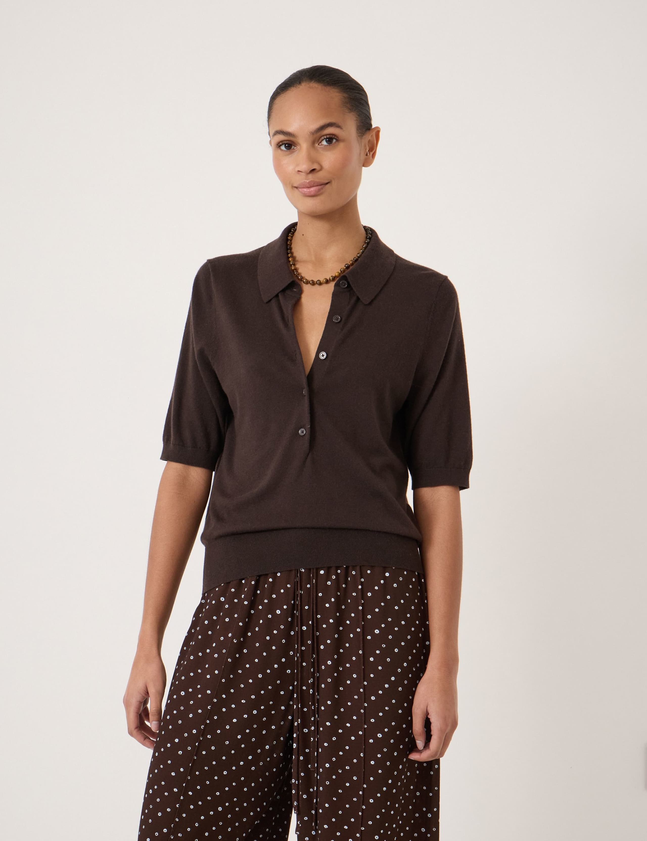 Wool Blend Polo Neck Knitted Top