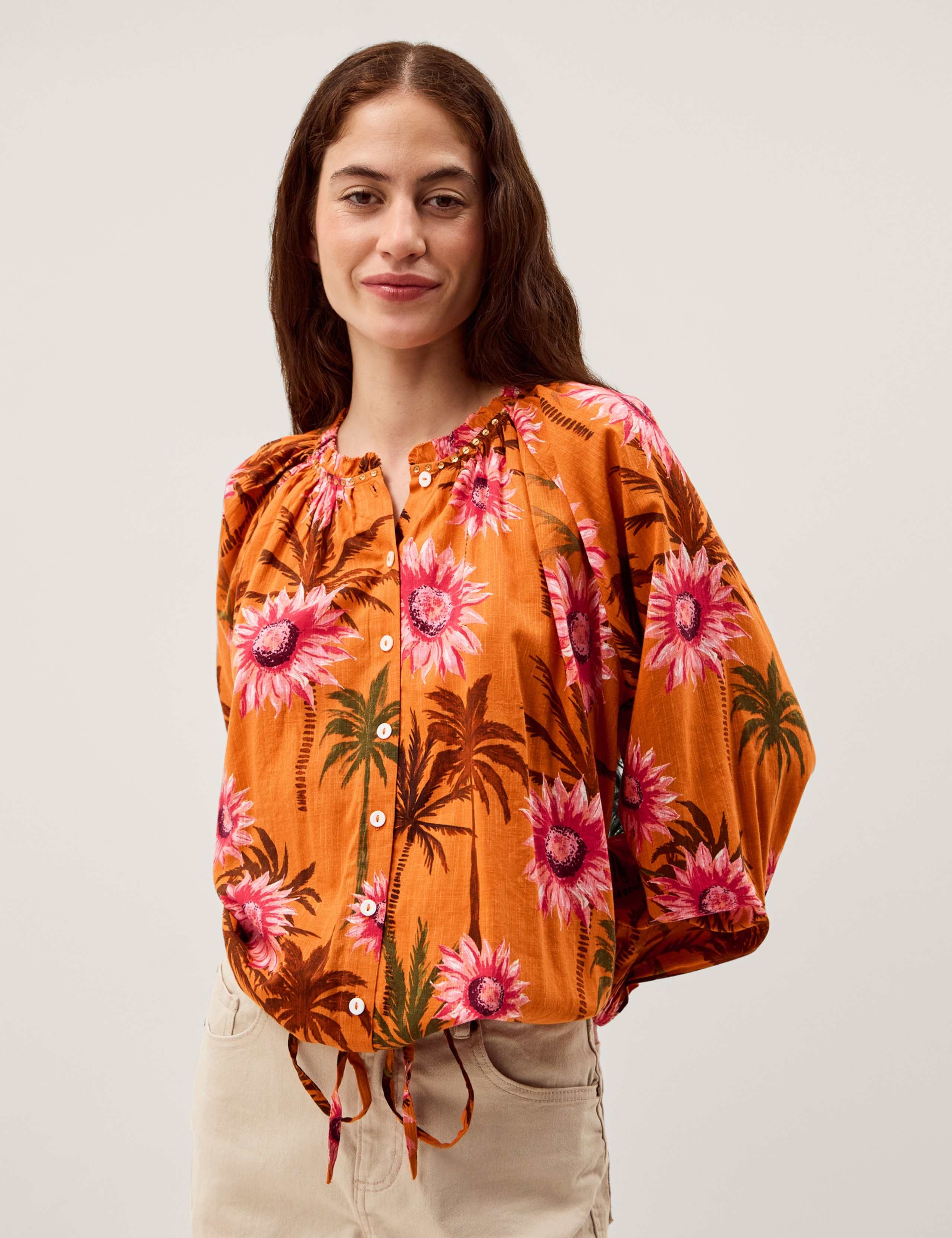 Cotton Rich Floral Tie Detail Blouse
