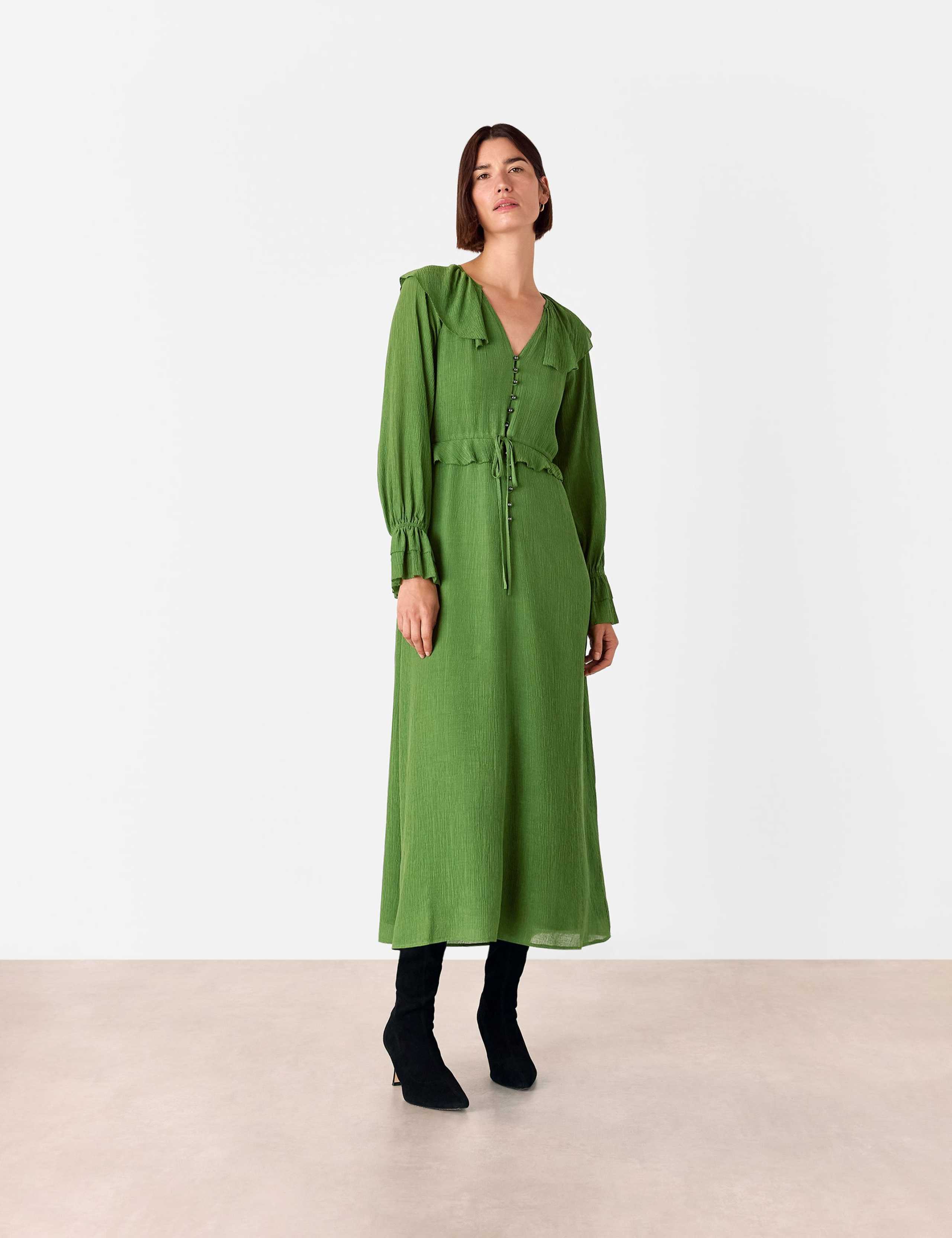 Textured V-Neck Frill Midi Waisted Dress