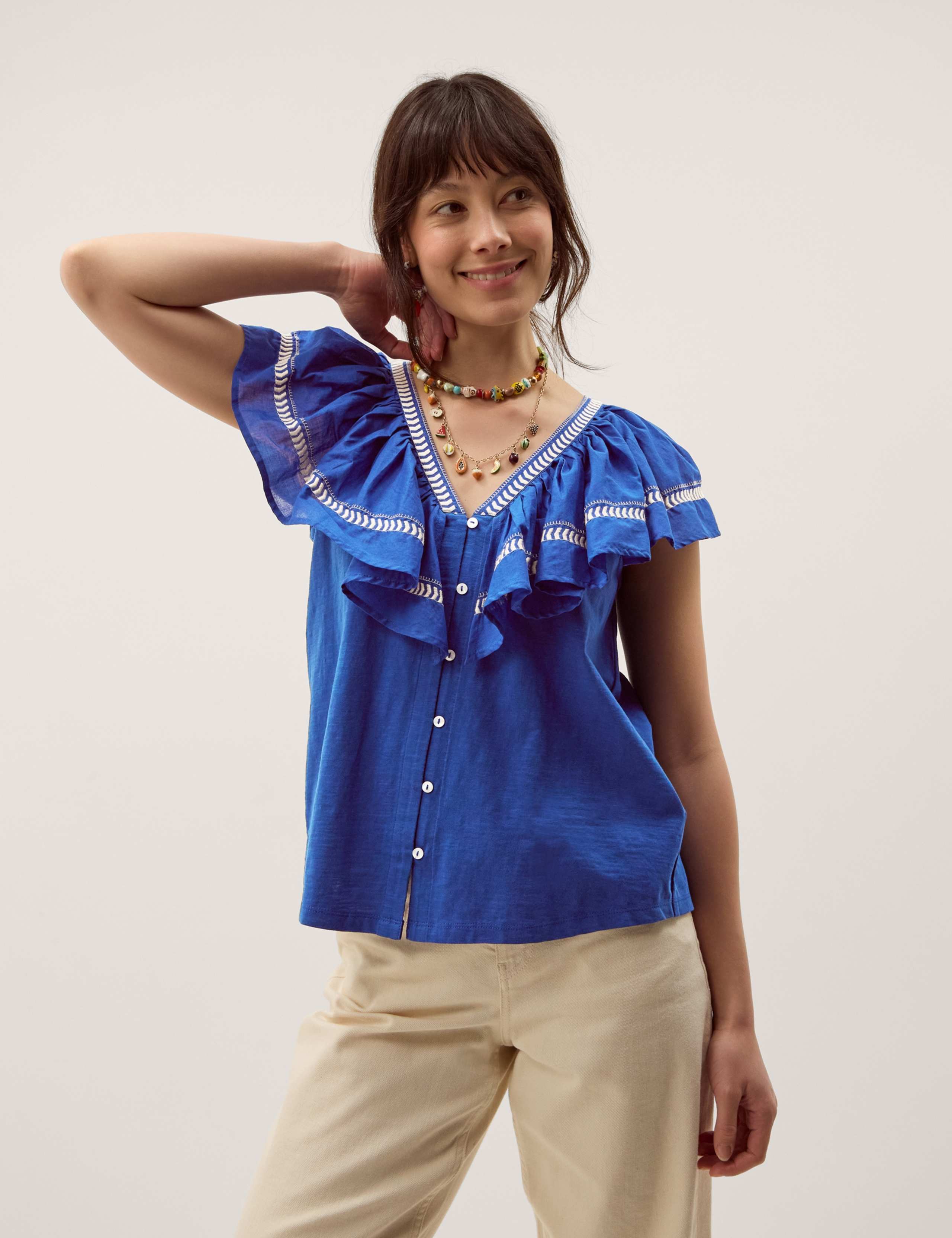 Pure Cotton Embroidered V-Neck Blouse