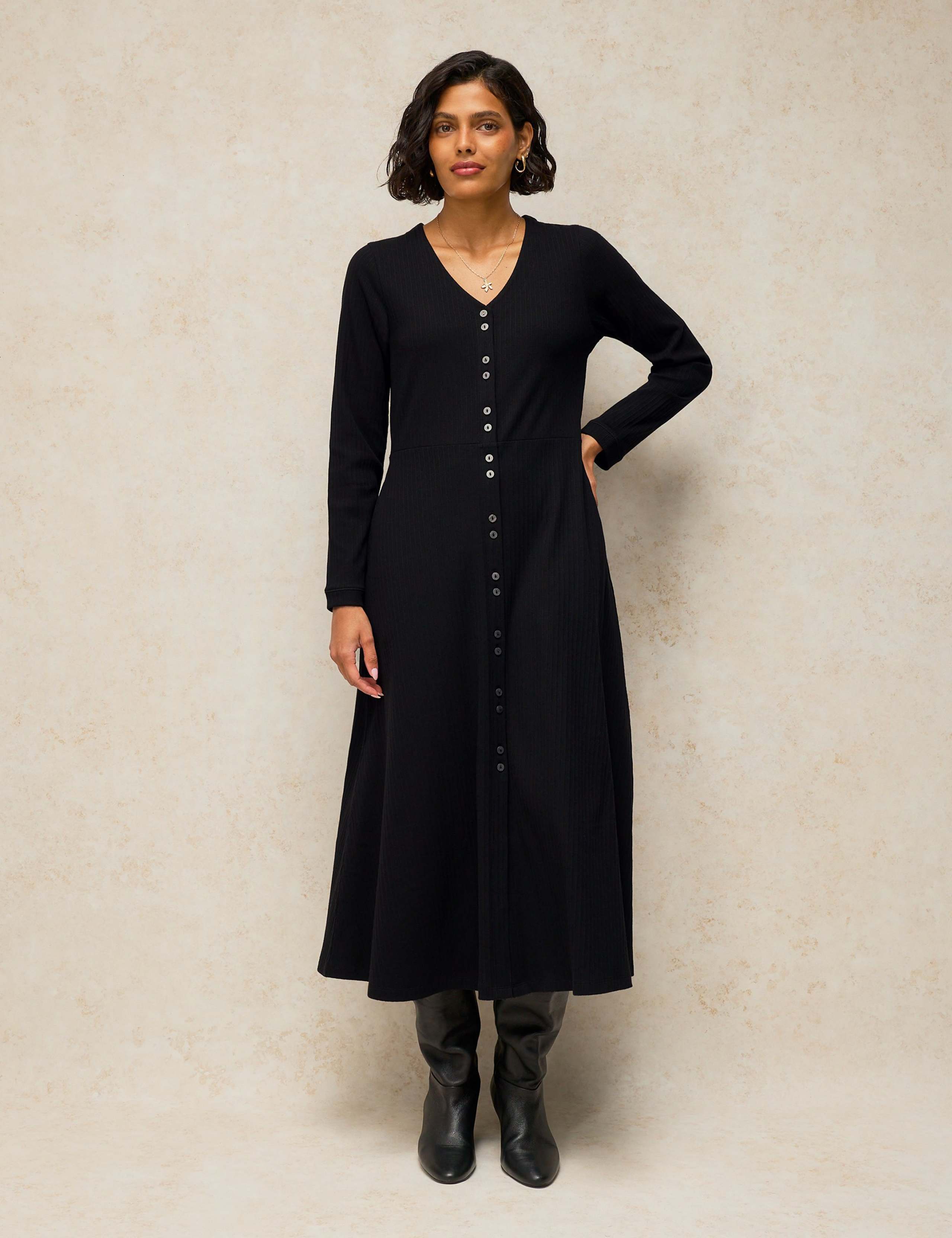 Cotton Rich V Neck Button Through Midi Tea Dress