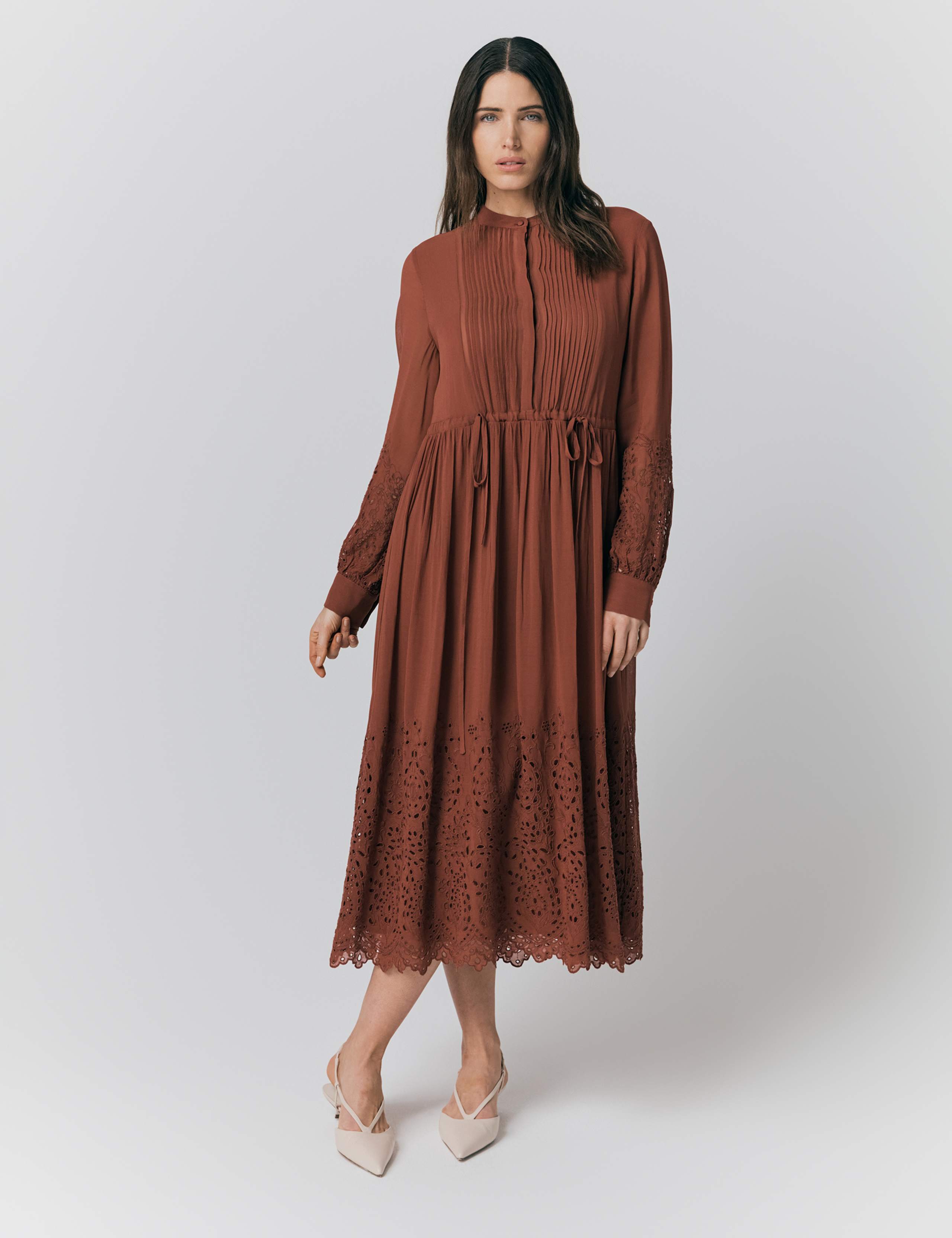 Georgette Broderie Pleated Midi Smock Dress