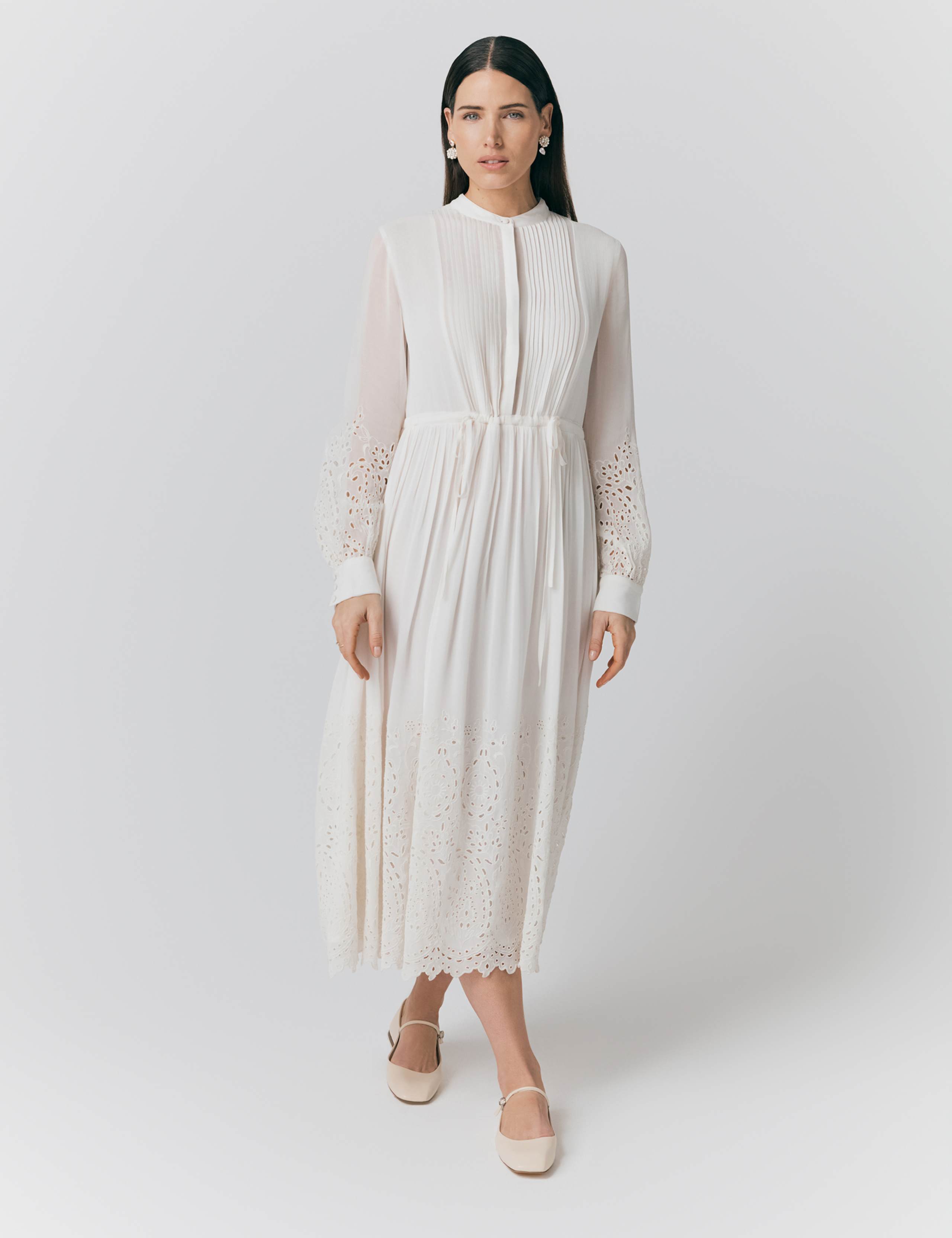 Georgette Broderie Pleated Midi Smock Dress
