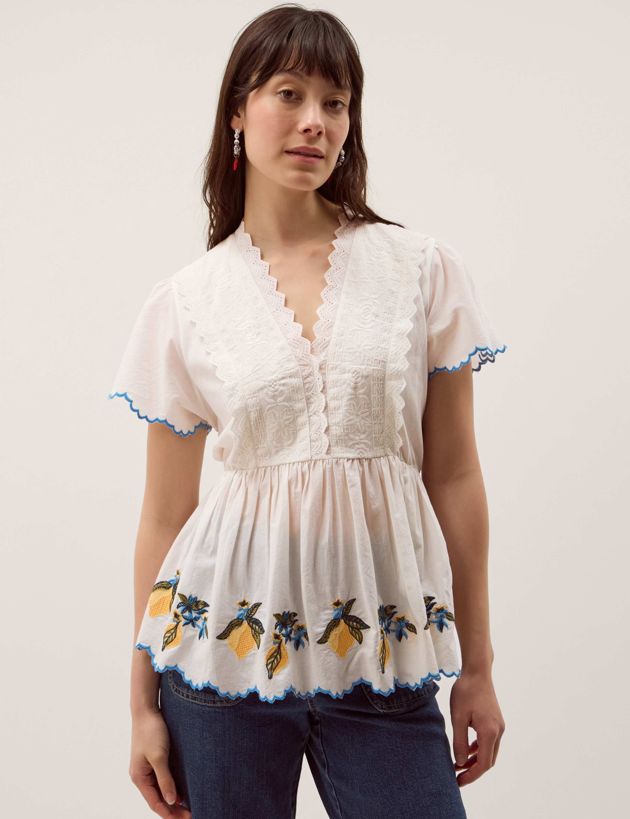 Jersey Embroidered V-Neck Blouse